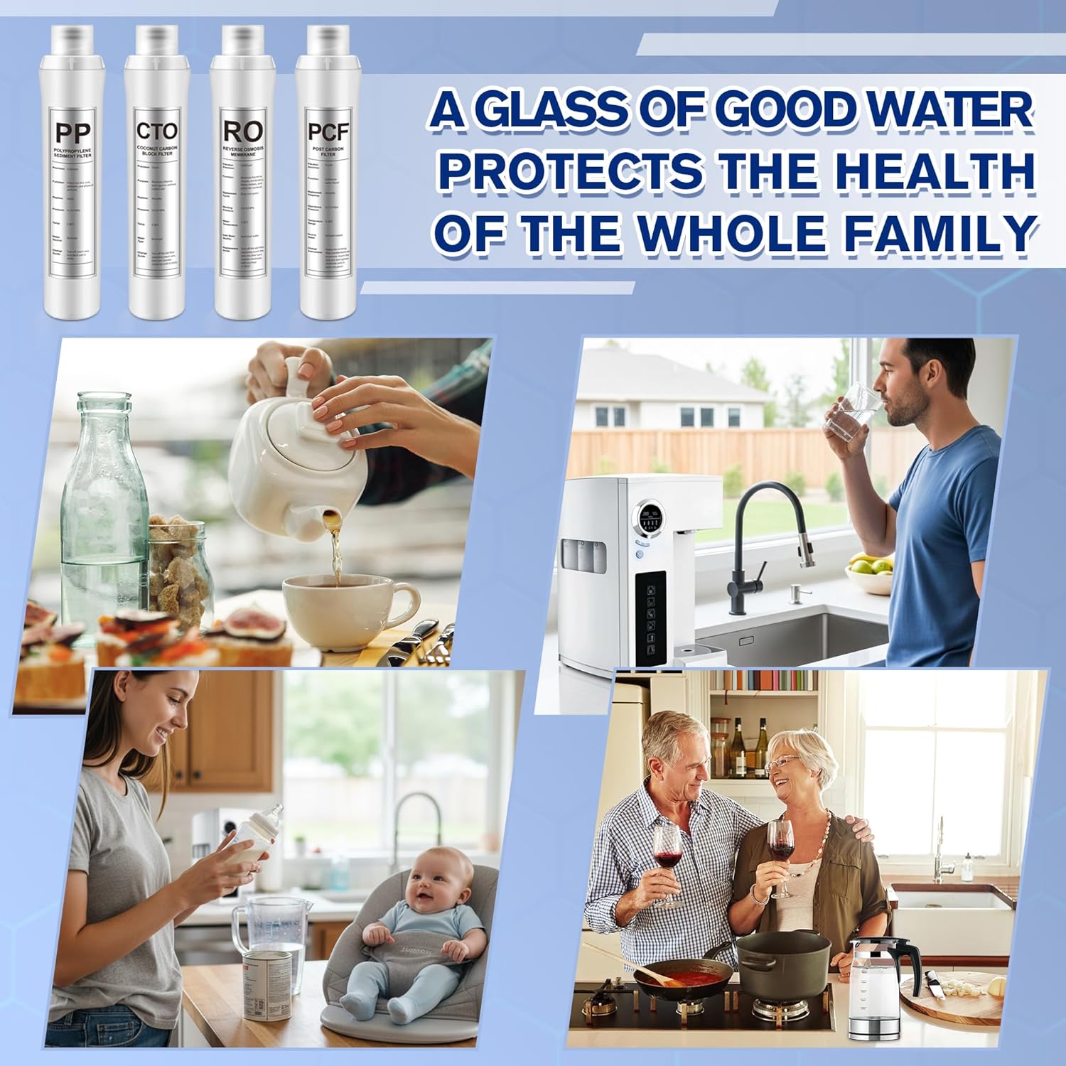 4 Pack Water Filter Replacement Compatible with Bluevua RO100ROPOT, Water Filters Set, 1 PP, 1 CTO, 1 RO, 1 PCF, Improved Drink Quality, Easy to Replace for Household Daily Use