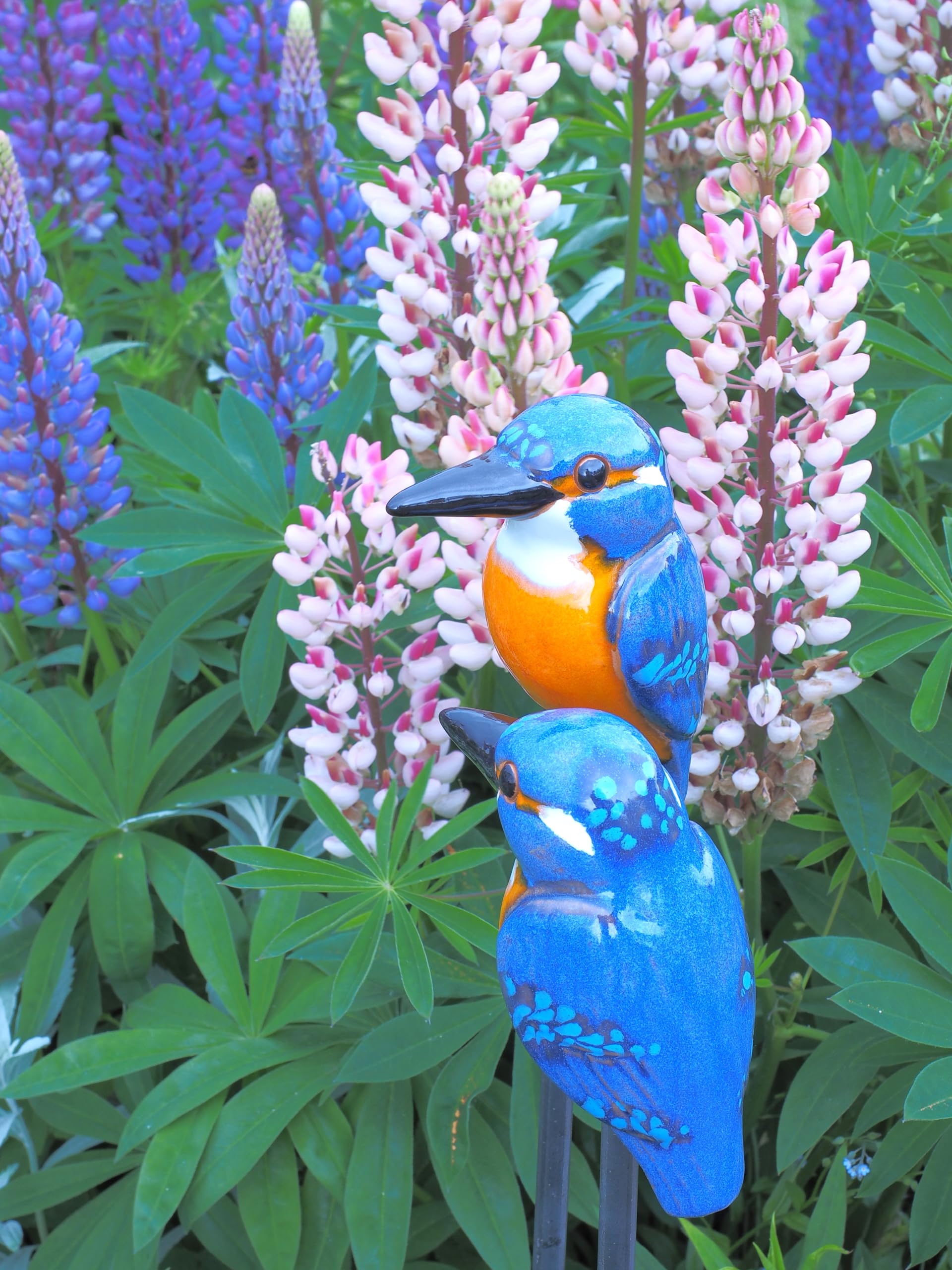 Gartenstecker Keramik Handgefertigt - Gartendeko für Draußen Wetterfest - Garten Deko Keramik - Vogel Gartenfiguren & Gartenstatuen - Eisvogel