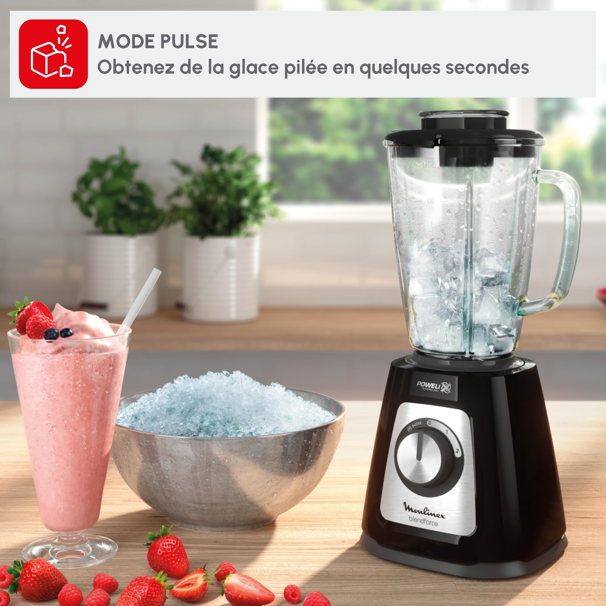 Moulinex Blender Blendforce, 800W, 2 Vitesses + Fonction Pulse, Capacité 1,75 L, Nettoyage facile, Mixage jusqu'à 3min en continu, Noir, LM430810