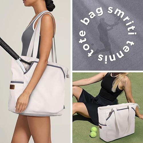 Miniatura 6 de SMRITI Tennis Tote Bag Canvas, Large Sports Handbag Tennis Racket Bag for Women, Portable Tennis Racquet Shoulder Bag for Badminton, Pickleball,