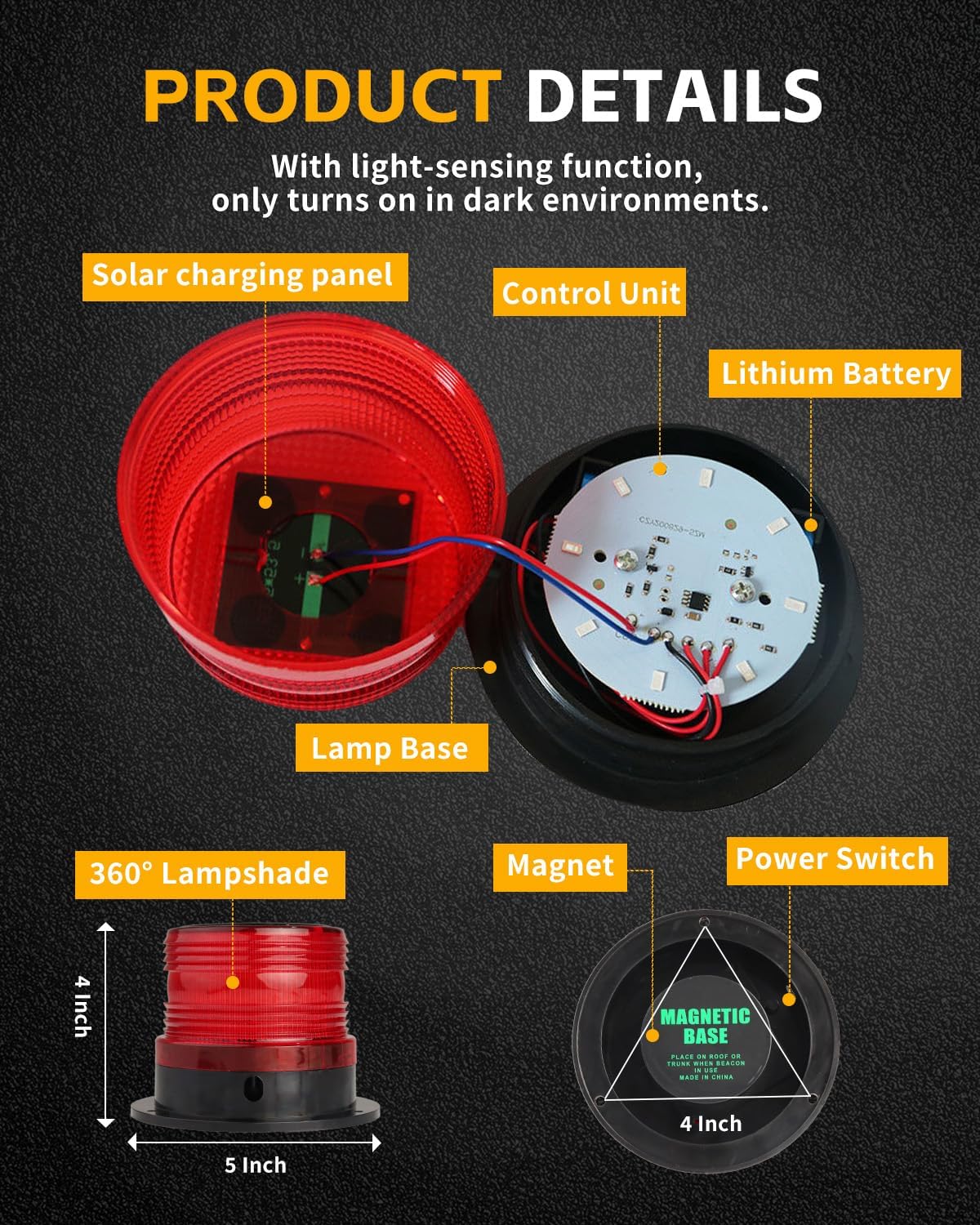 Solar Warning Beacon Light, [3 Flashing Modes] Red Magnetic 360° LED Signal Light for Trucks, Forklifts, Roadside Assistance, Boat, Yacht, Hazard Warning Buoys