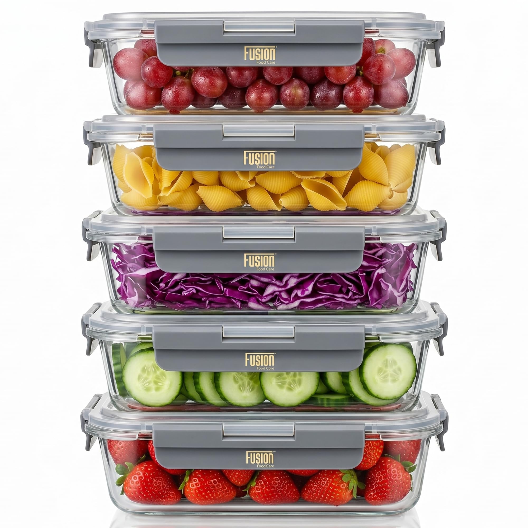 Fusion - Contenitori per alimenti con coperchi ermetici, confezione da 5, 1040 ml, in vetro, adatti per forno, microonde, congelatore e lavastoviglie, senza BPA, resistenti alle perdite