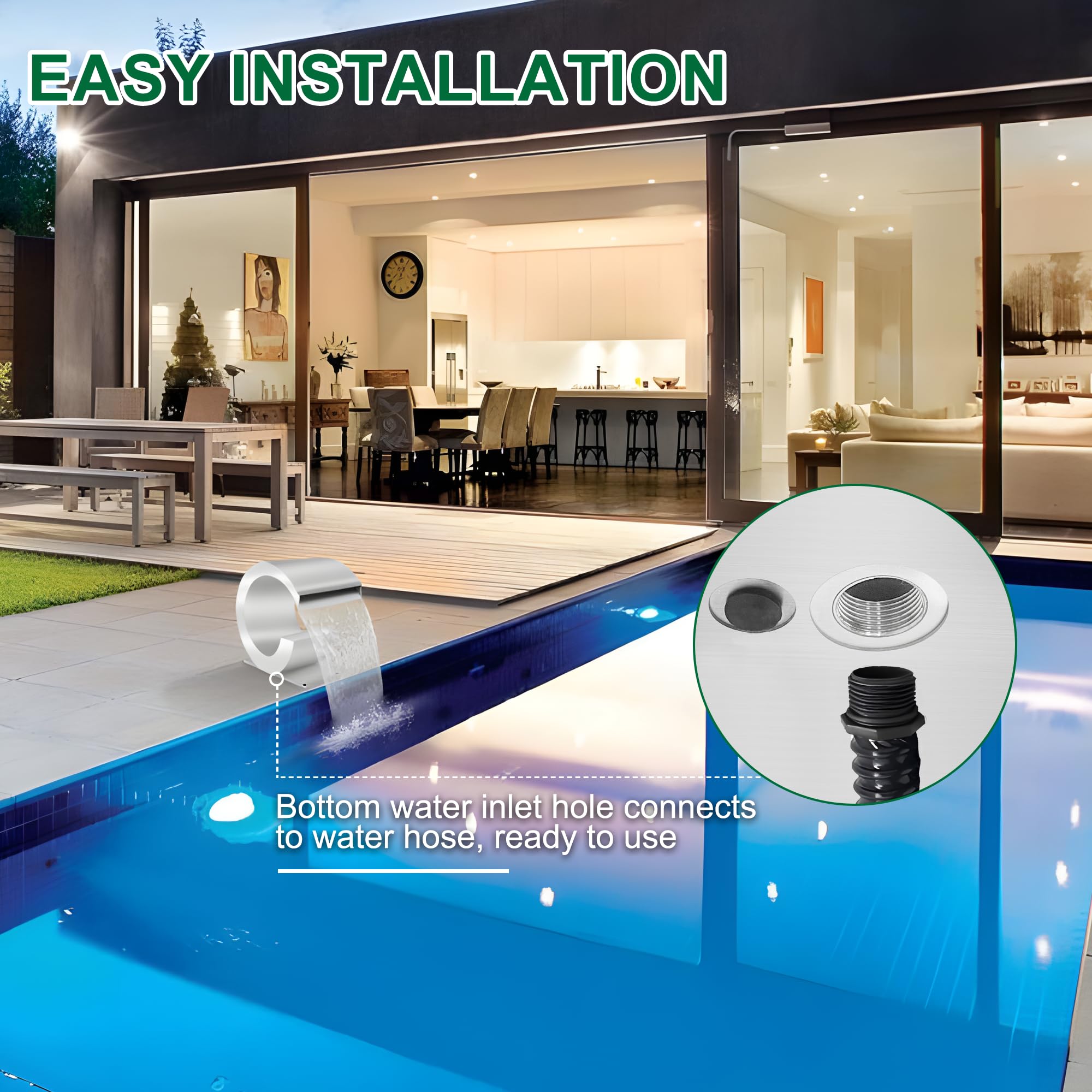 Fuente de piscina de acero inoxidable curvada, LONGRUNNEW con accesorios y cascadas de estanque J, kit para jardín, patio o piscina, 34,5 cm de altura