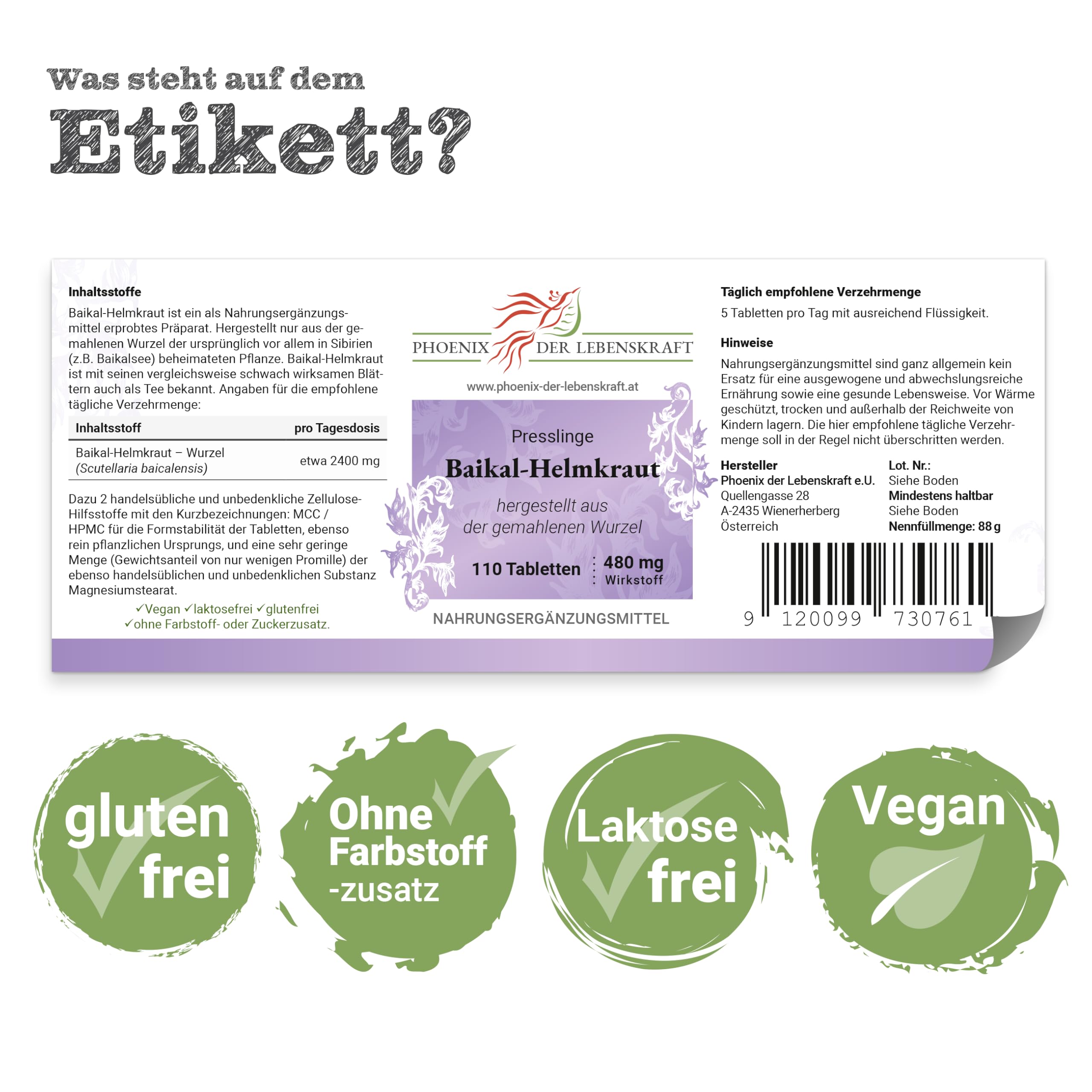 Baikal-Helmkraut Tabletten 480 mg | 110 Tabletten Scutellaria baicalensis | Qualität aus Österreich | Tabletten statt Kapseln | Gemahlene Baikal-Helmkraut-Wurzel | Skullcap, Sibirisches Helmkraut