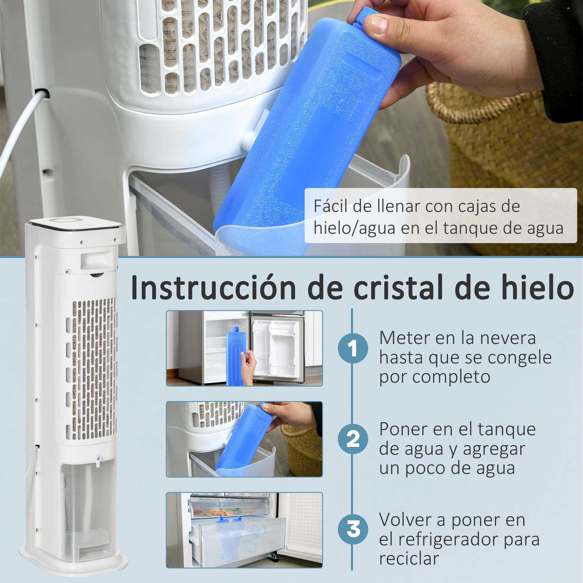 HOMCOM Climatizador Evaporativo Bajo Consumo 75W Depósito 5L Oscilante con Control Remoto 3 Modos 3 Velocidades Temporizador 12h y Pantalla LED Táctil 23x29x86 cm Blanco