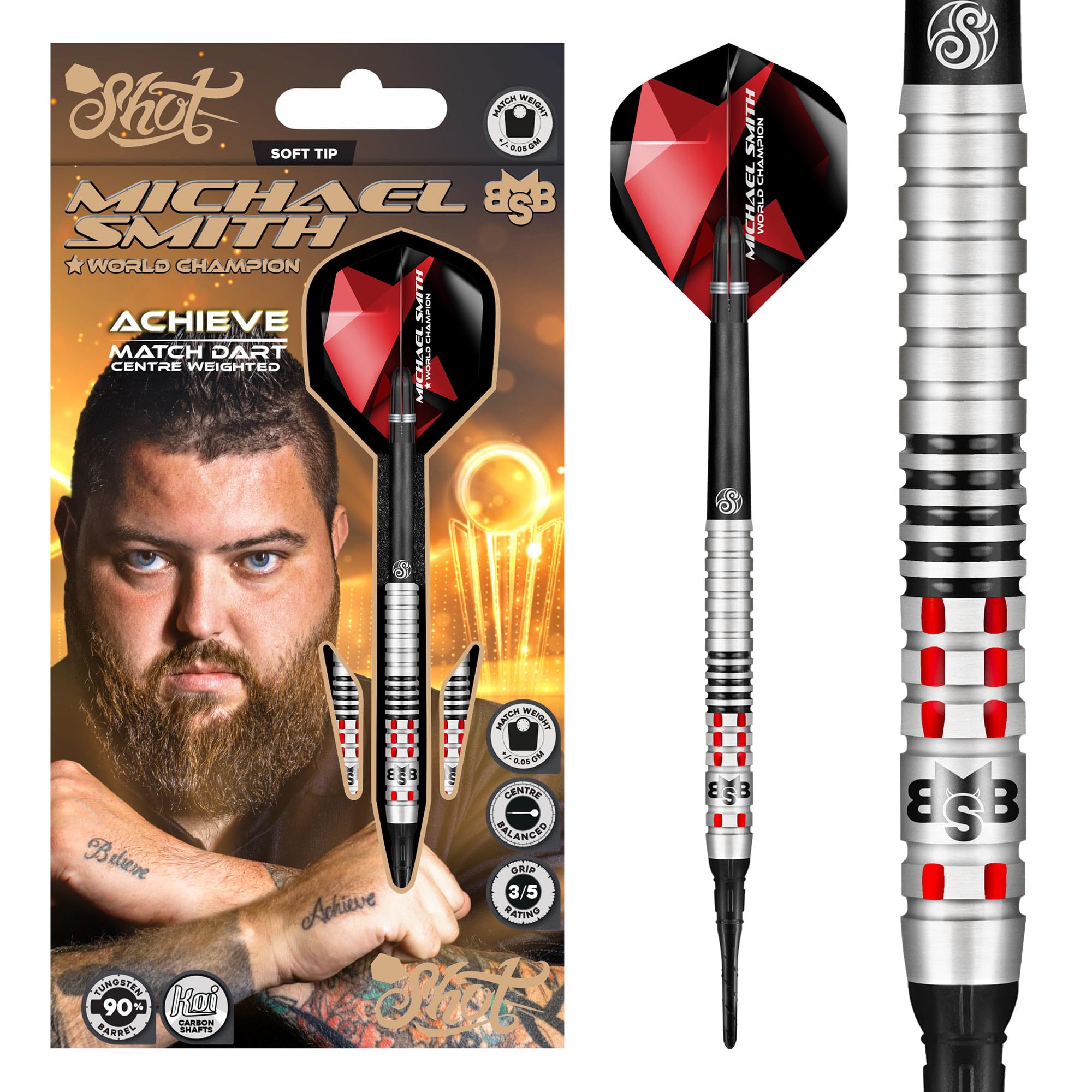 Fléchettes pointe plastique Michael Smith Achieve 90% Shot Darts 18g