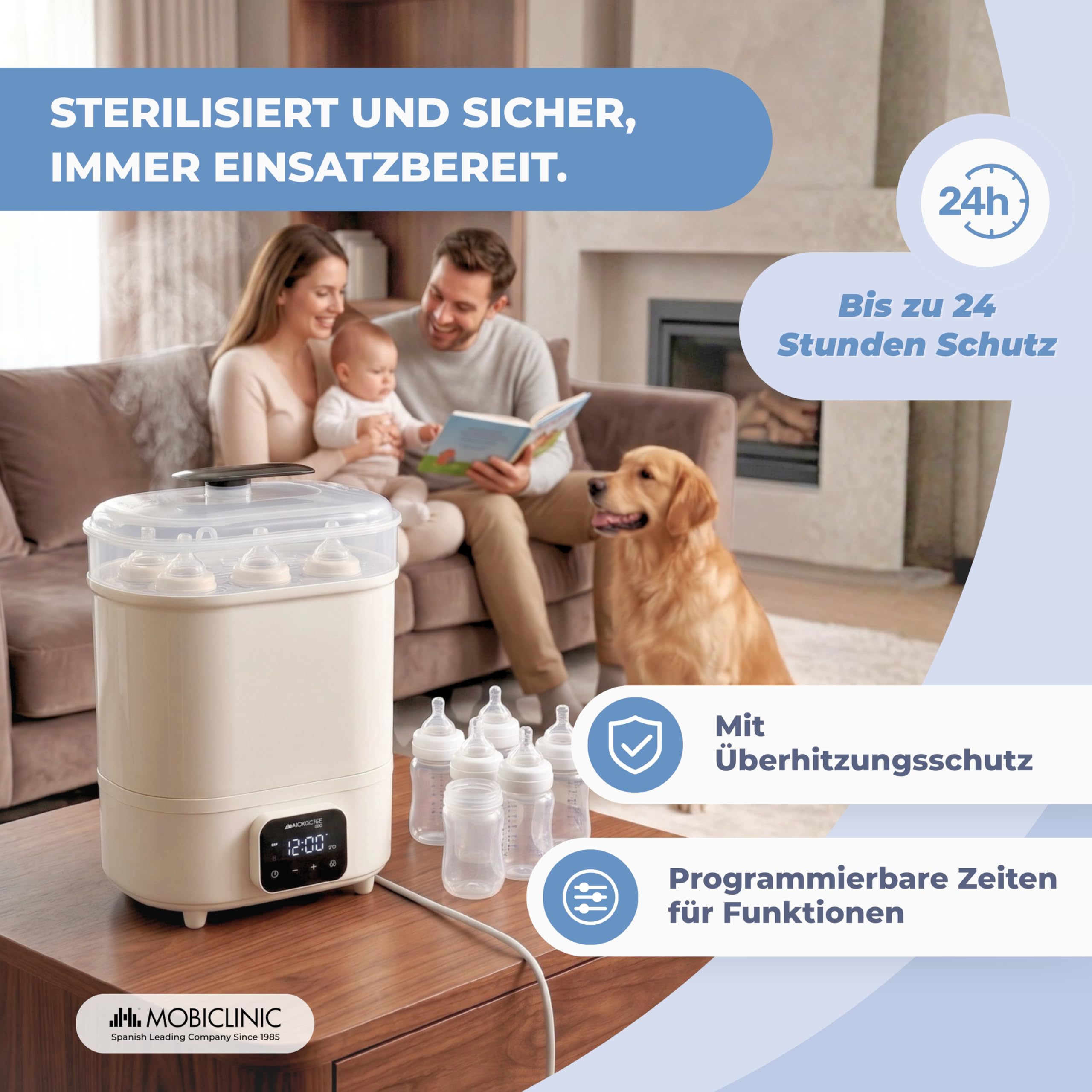 Mobiclinic®, Sterilisator für Babyflaschen, 4 in 1, Bis zu 6 Flaschen, Trocknet, Hält die Temperatur, Automatikmodus, Schnuller und Milchpumpen, LCD-Bildschirm, Kompakt, Mobibi