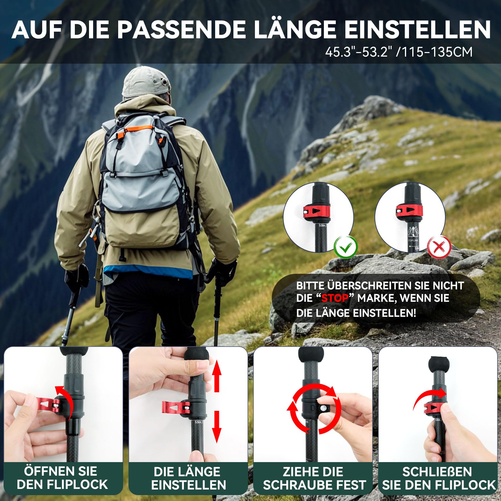 Faltbare Carbon Trekkingstöcke 2 Stück, Leichte Wanderstöcke, Jeder 237 g | Nordic Walking Stöcke,Verstellbare Handschlaufe,Anti-Schock, Ergonomische Griffe,4 Zubehör, für Damen Herren Rucksackreisen