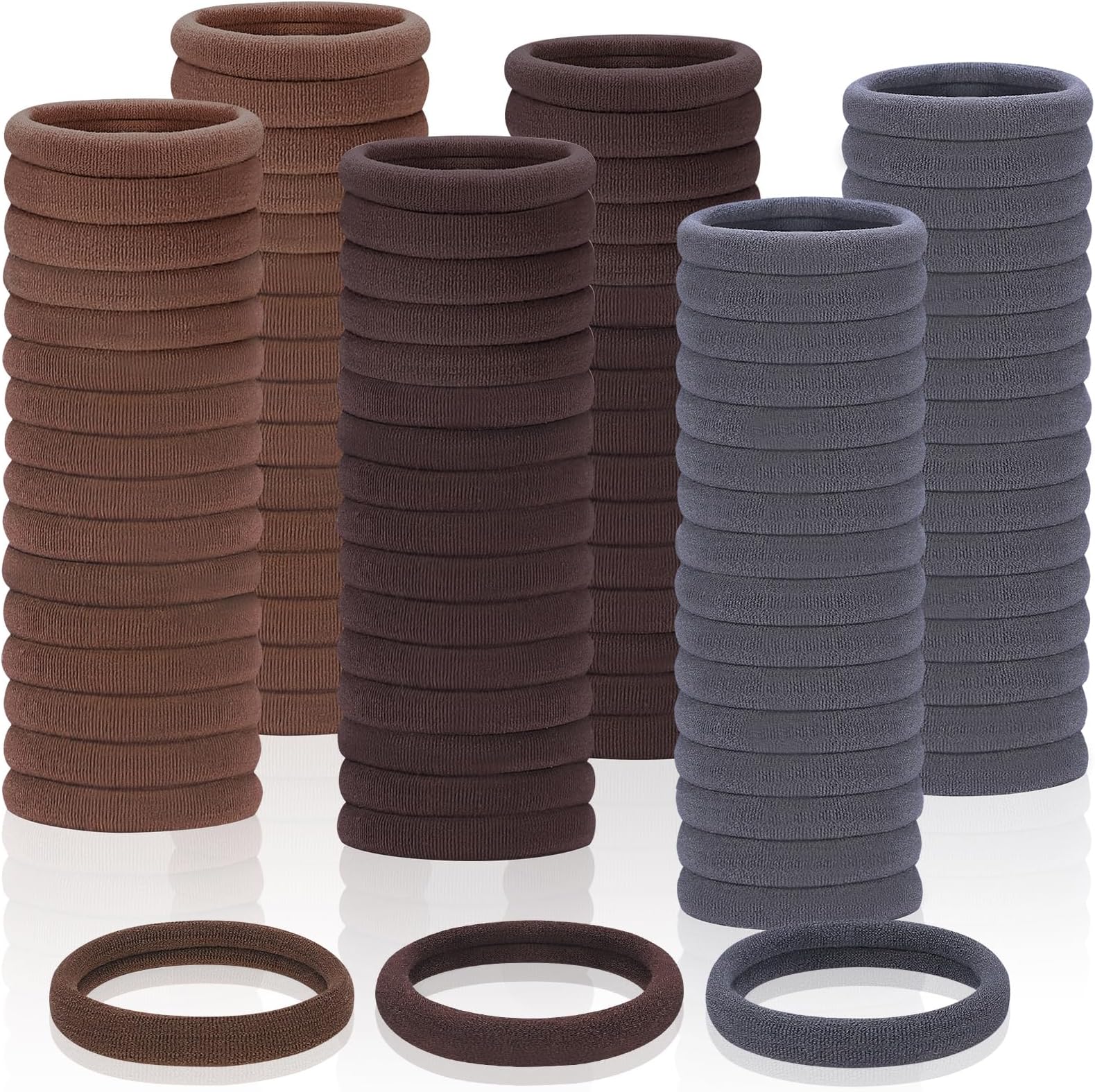150 Pcs Seamless Elastic Hair Ties No Damage for Thick & Thin Hair, Ponytail Holders, Elastics, Soft Pony Tails Bands for Women, Dark Brown & Light Brown & Gray