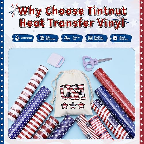 Miniatura 3 de Tintnut Vinilo de transferencia de calor con bandera americana, 10 hojas de vinilo patriótico de 10 x 12 pulgadas, color azul marino y blanco,