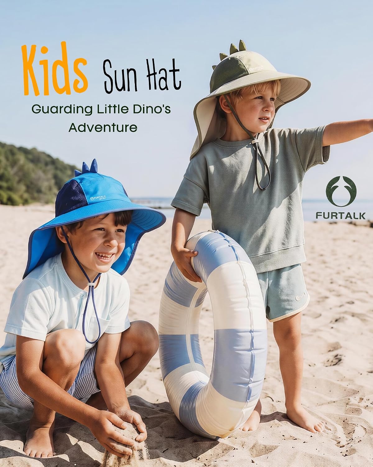 FURTALK Toddler Sun Hat with Neck Flap Dinosaur Design Kids UPF 50+ Wide Brim Sun Protection Hat with Chin Strap