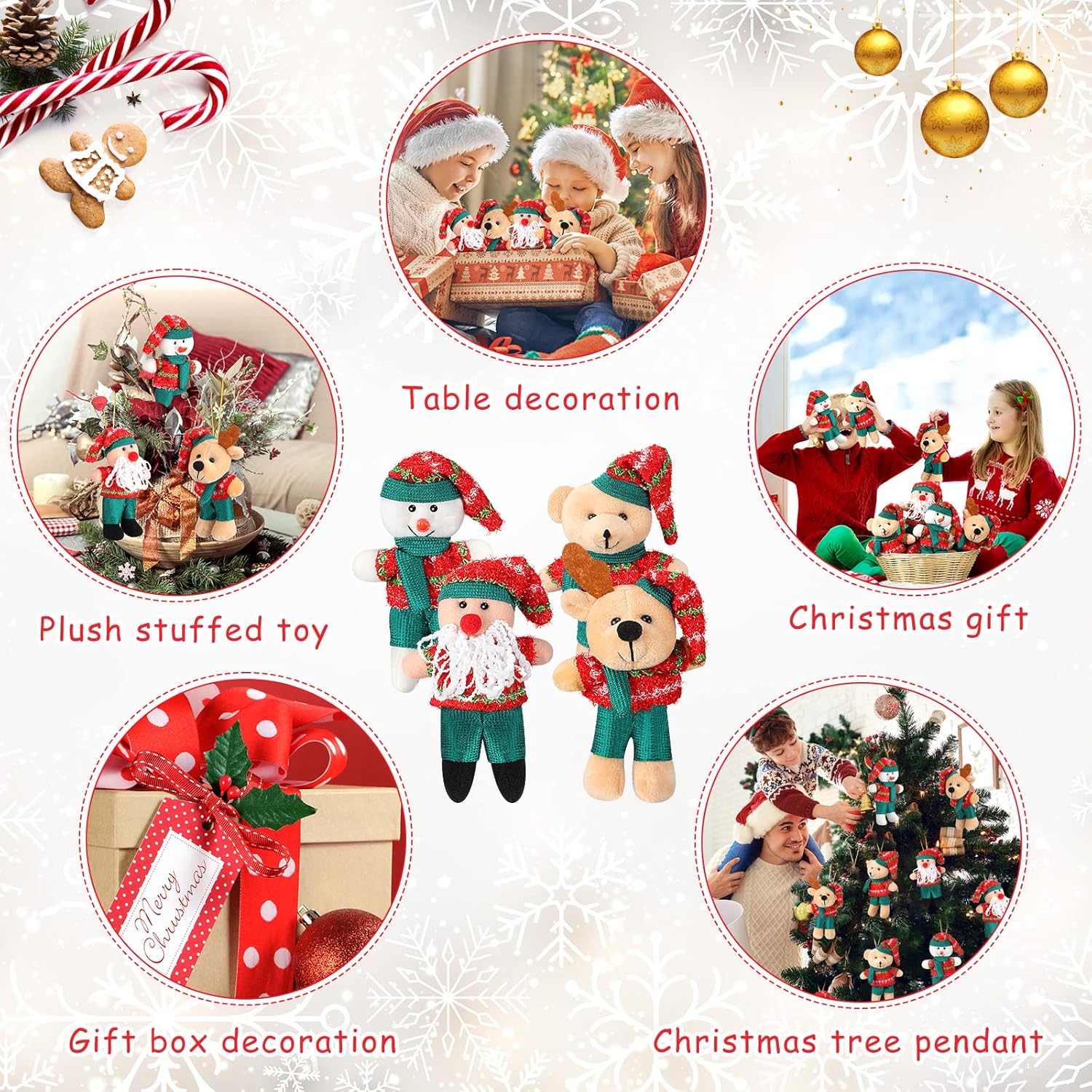 24 Pcs 4.72 Inch Christmas Mini Bear Stuffed Animal Christmas Tree Decorations Mini Plush Toy Santa Reindeer Bear Snowman Ornaments Stuffed Animal for Home Xmas Tree Party Hanging Decorations