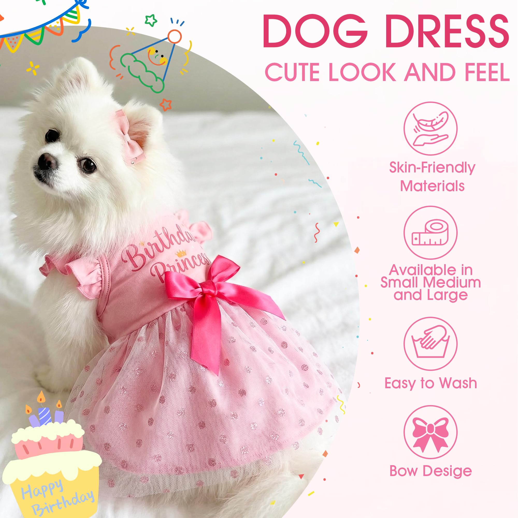 Dog Dress for Small Dogs Girl Ruffle Sleeves Bowknot Slip Dress Birthday Holiday Outfit for Small Medium Dogs Cats Pets - 5