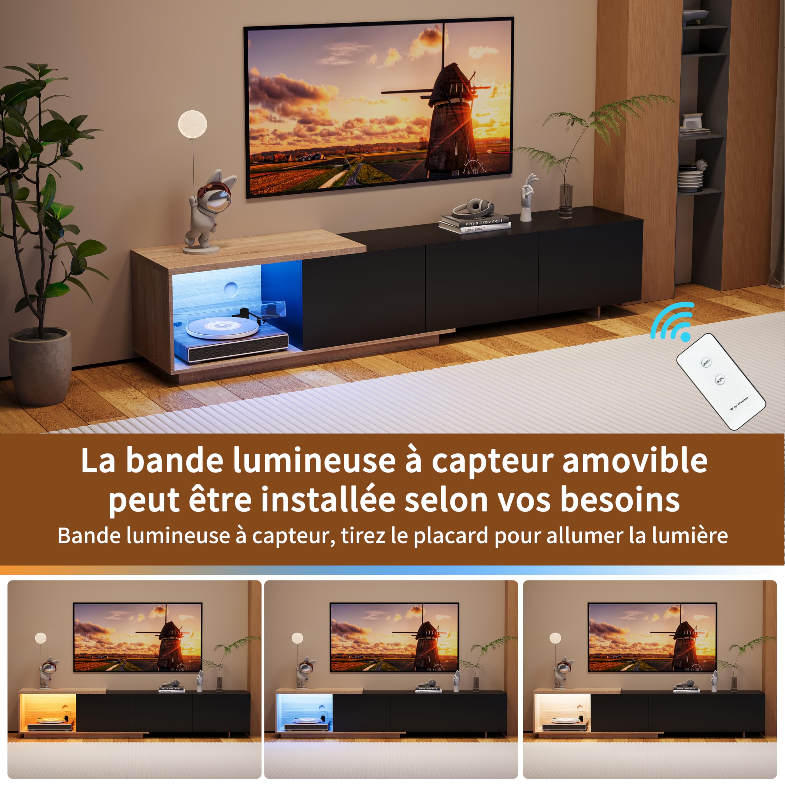 LIVLUX Meuble TV Moderne avec 3 Portes de Rangement et Étagères en Verre Intégrées, Lumières LED Variables, Convient pour Salon ou Chambre (Noir+Ton Bois, 240 x 38 x 44 cm)