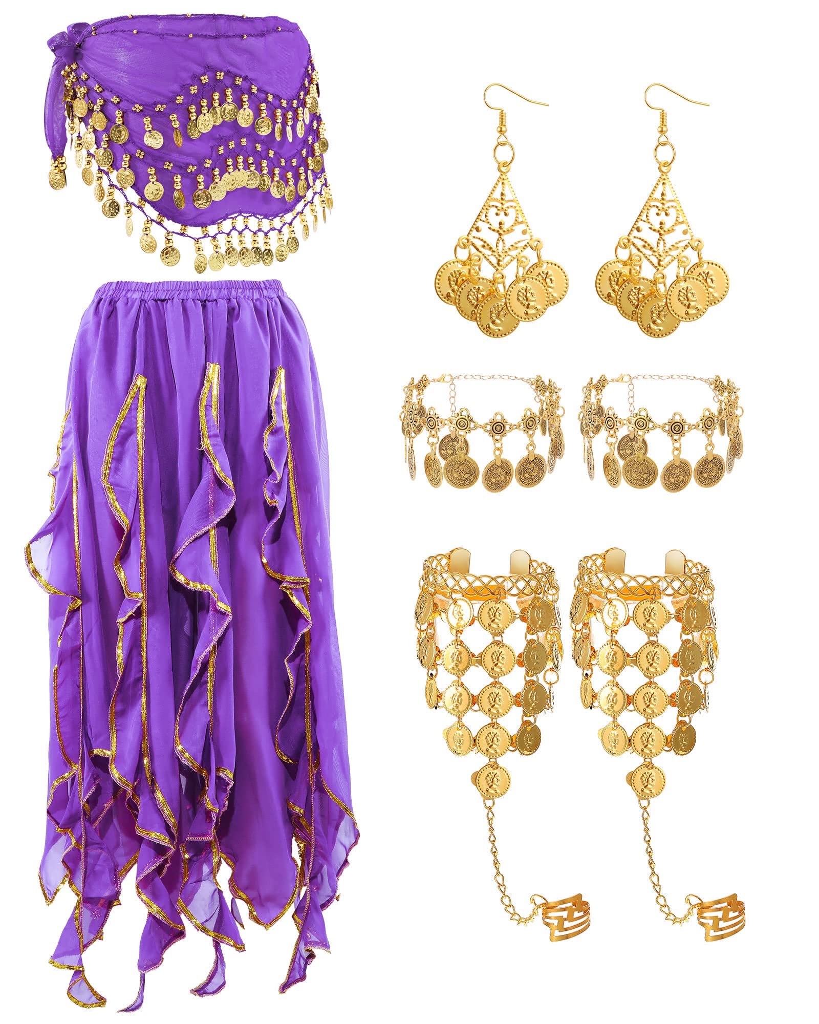 8 Pcs Belly Dance Outfit Sets Women,Belly Dance Skirt, Hip Scarf, 2 Bracelets, Earrings, Anklet Bracelet