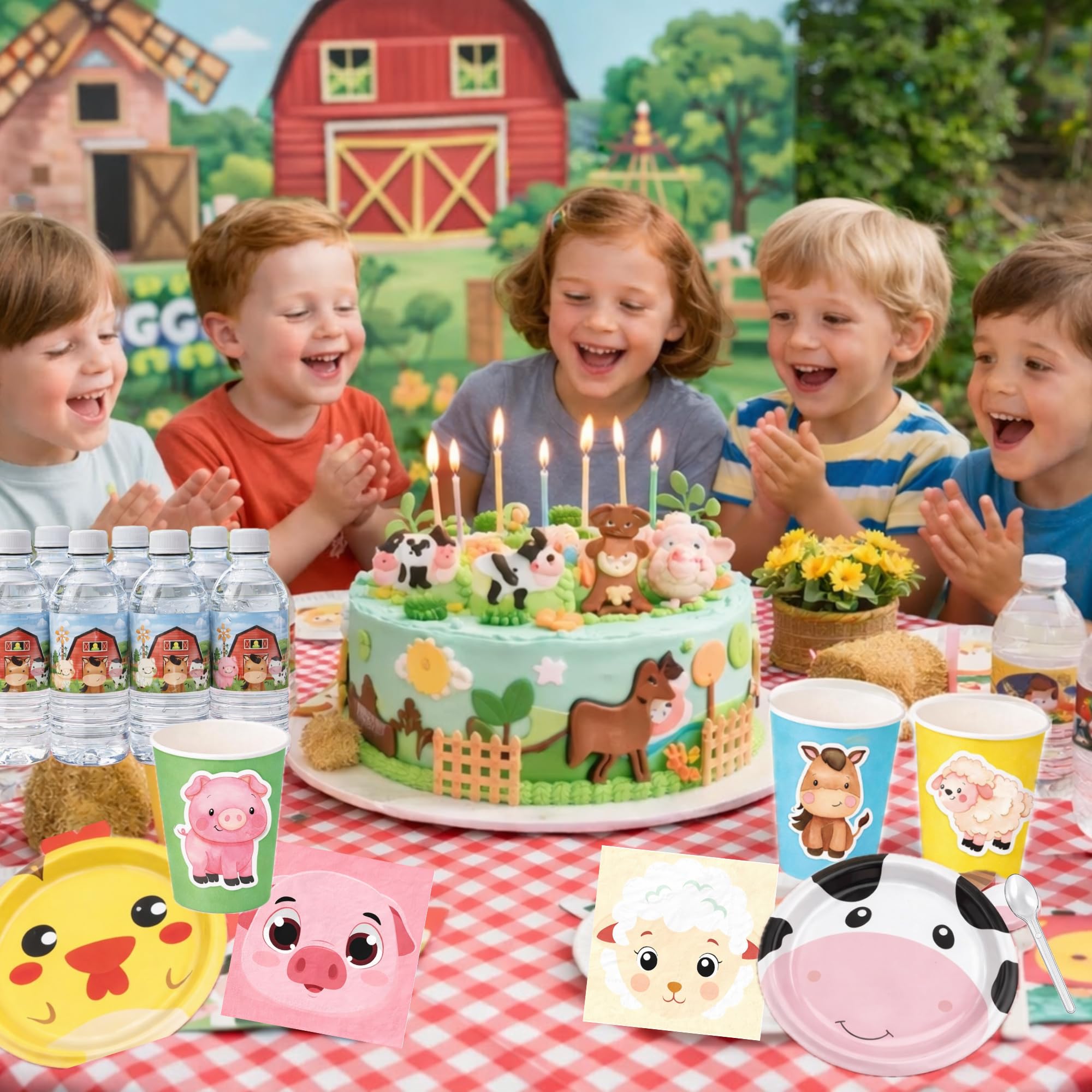 Pack Cumpleaños Infantil granja 10 niños -Decoracion Mesa Completa y Detalles Invitados-Fiesta Infantil Granja.101 unidades.