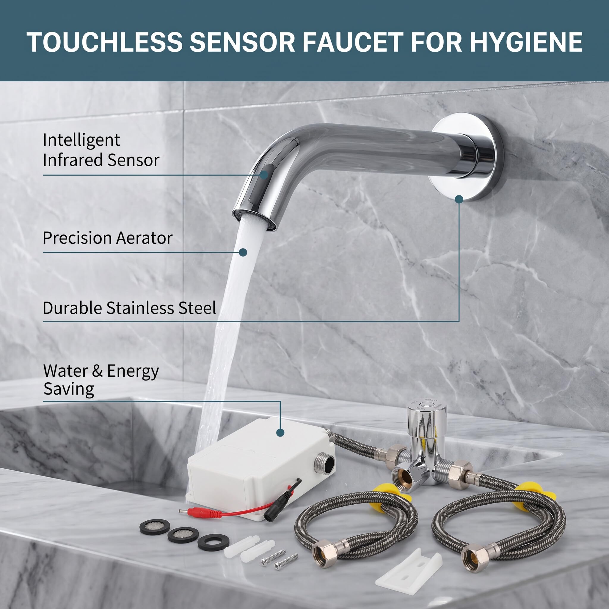 lyrlody Grifo de Baño con Sensor de Infrarrojos, Montado en la Pared, Acero Inoxidable, Activación por Sensor, para Baño, Cocina, Hotel