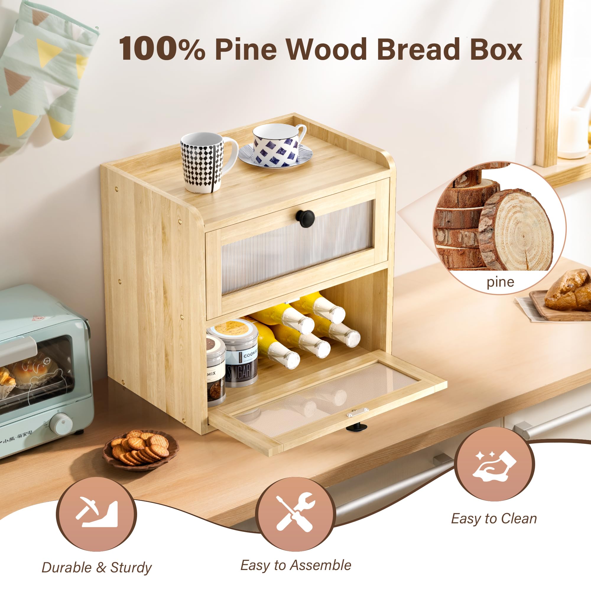 Panera de Madera, Caja Contenedor para Guardar el Pan de Doble Capa con Puerta de Acrílico, Organizador de Encimera para Cocina, Almacenamiento para Bocadillos y Frutas, 36.5x24x34 cm
