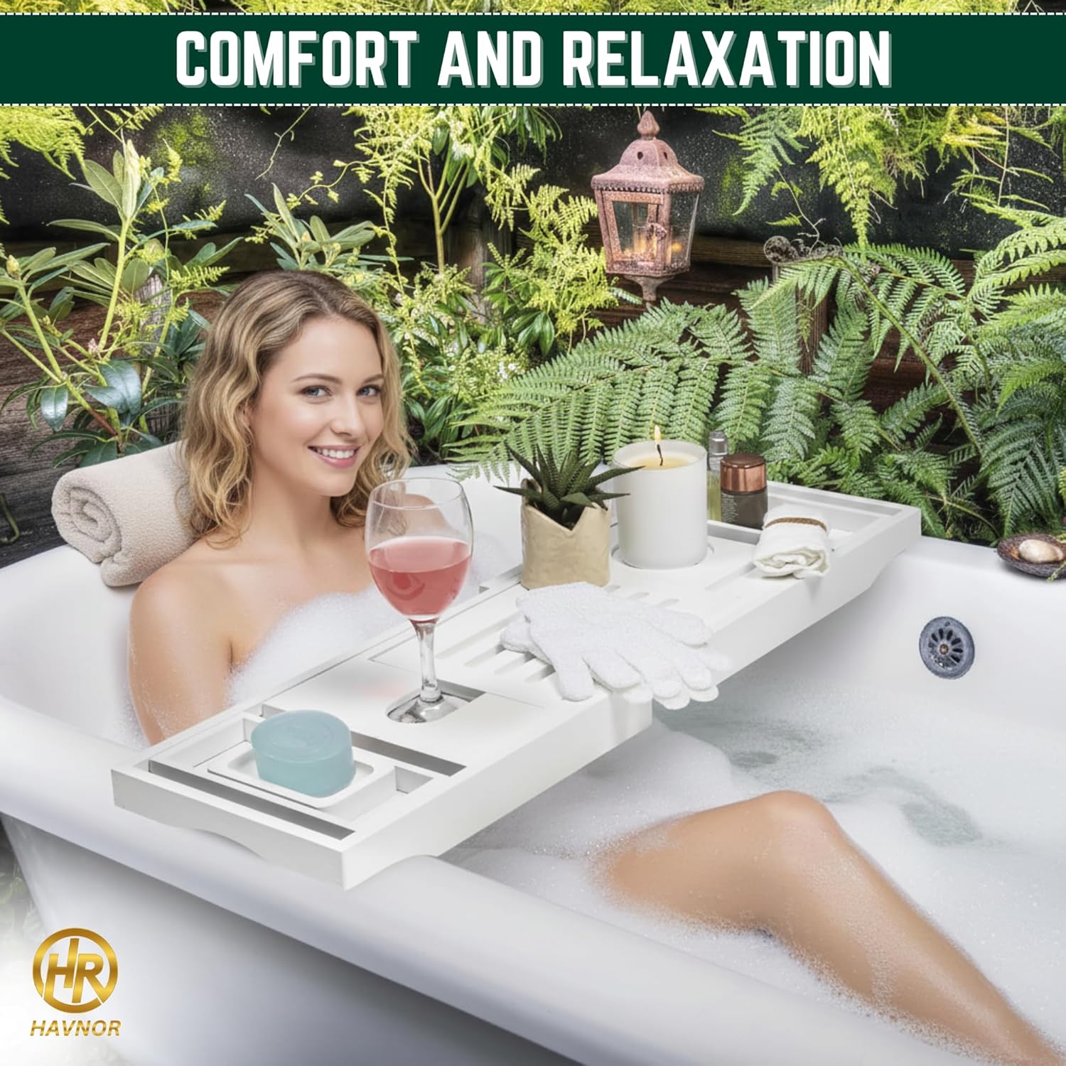 Bamboo Bathtub Caddy Tray Expandable & Foldable Bath Shelf with Book, Tablet & Wine Holder Adjustable Wooden Bath Tray for Relaxing Spa at Home – Fits Most Tub Sizes.