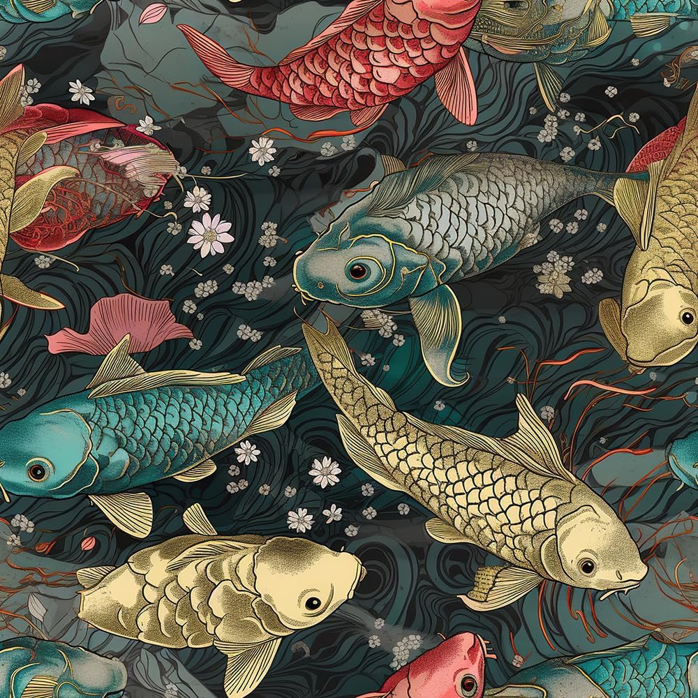 REDAMANCY Dark Classical Underwater Fish Abstract Peel and Stick Wallpaper Vintage Wall Paper Stick on Contact Paper Easy Peel Off for Bedroom nightstand Drawer Renter Friendly 17.7"x236"