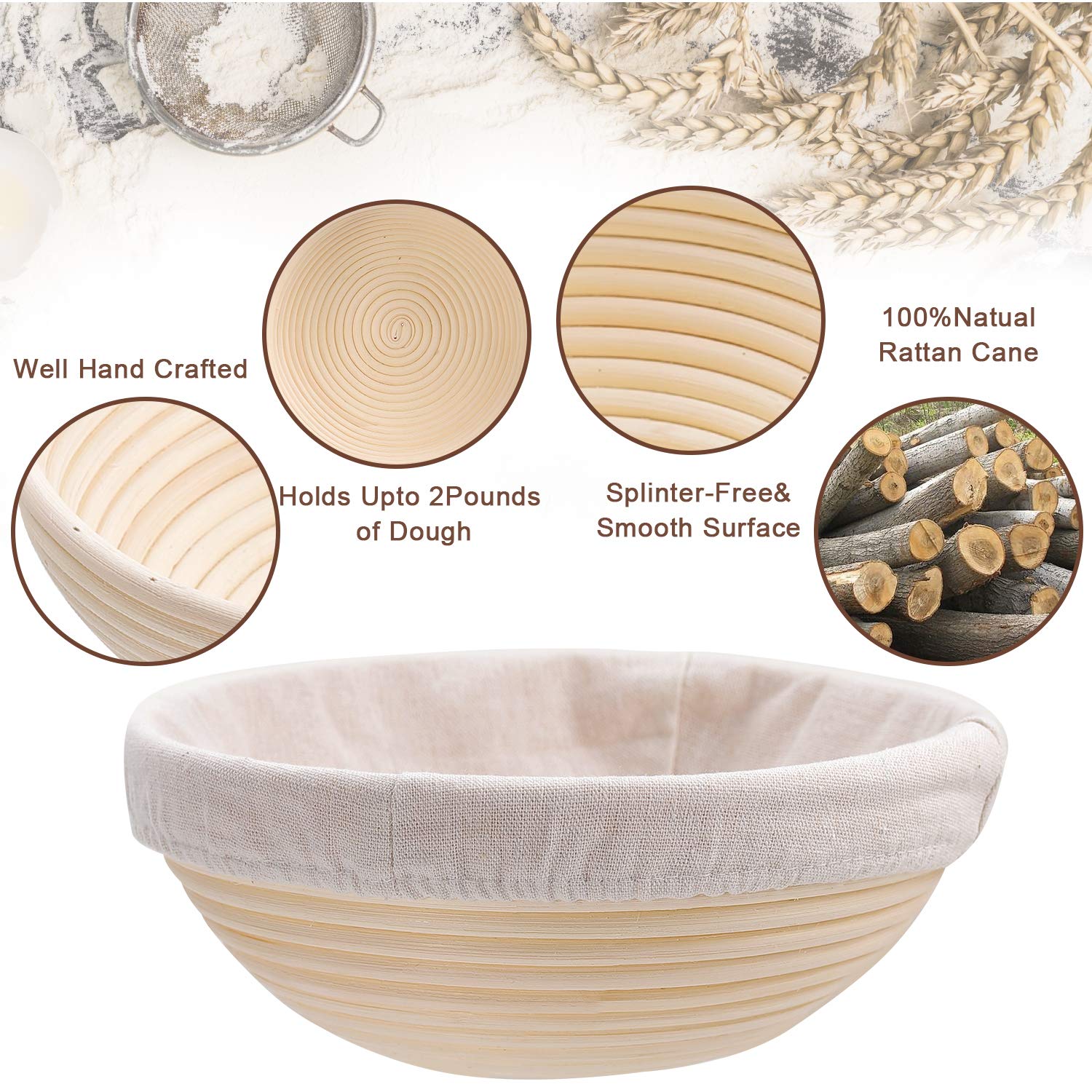 Banneton Gärkorb-Set Aus Rattan – 2 Stück, Oval, 38,1 Cm, Mit Stoffeinsatz Für Sauerteig & Handwerksbrot