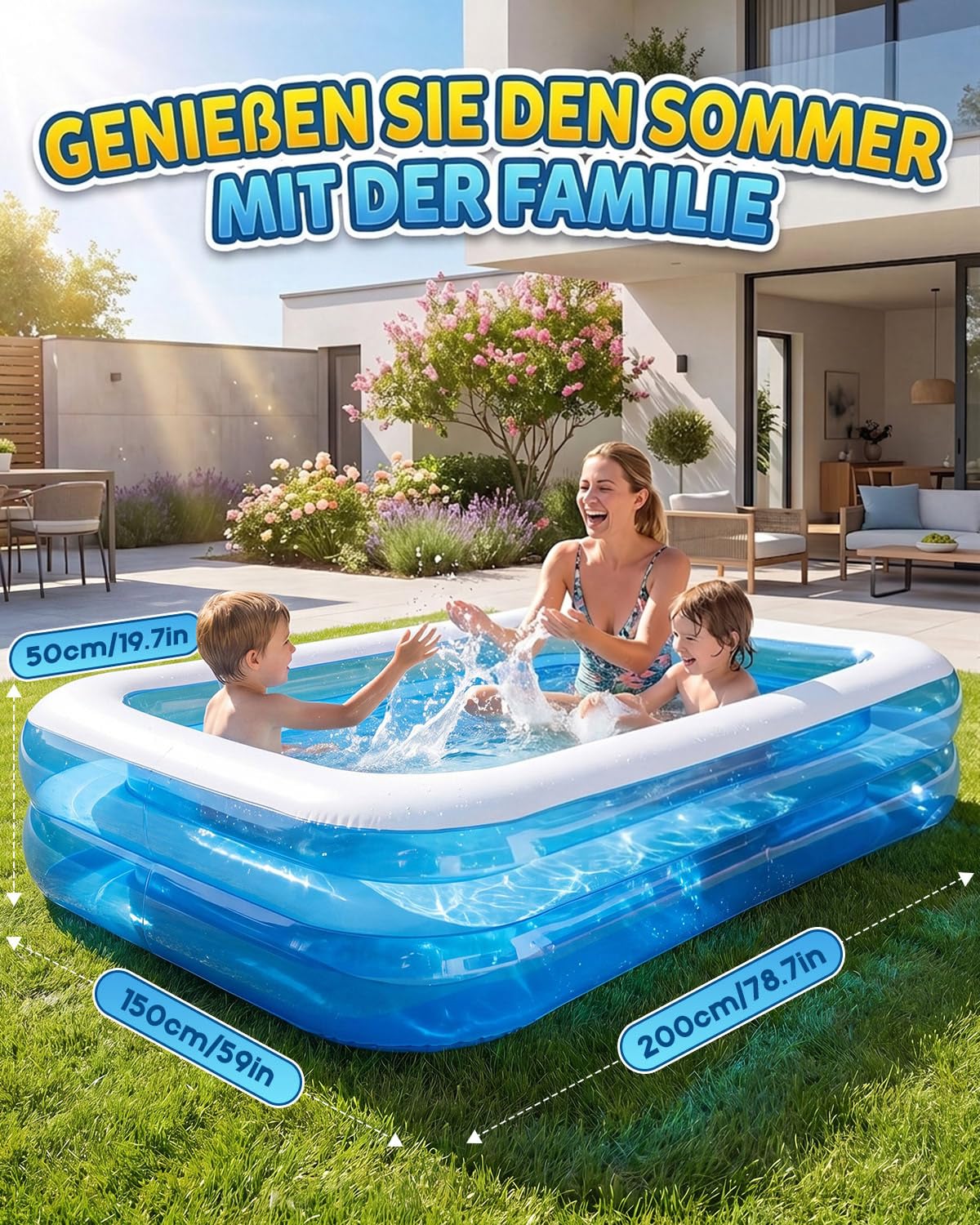 Kinderpool Planschbecken 200x150x50cm Family Pool Aufblasbarer Pool für Garten