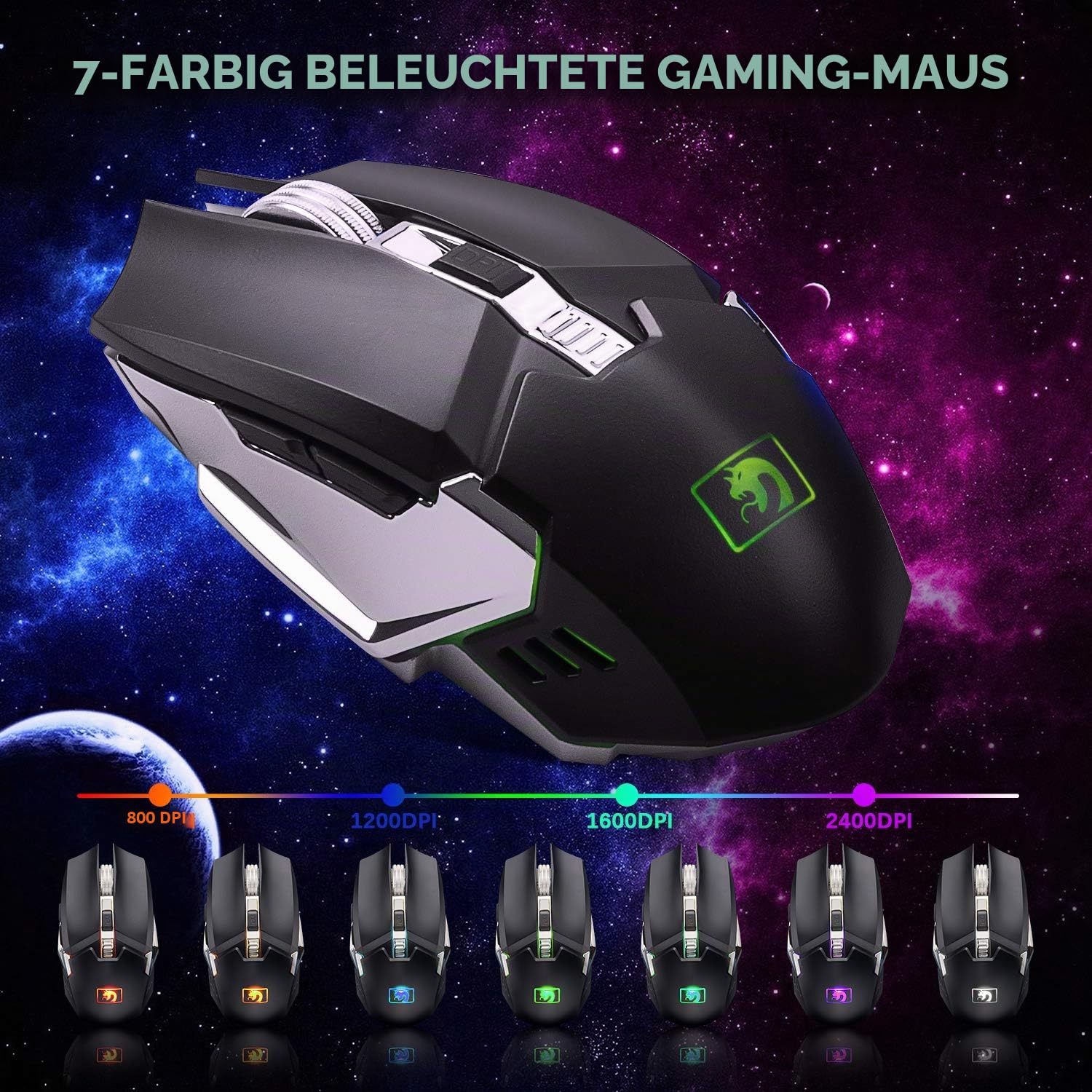 FELiCON Kombi-Sets für drahtlose Tastatur und Maus, 4800mAh, 16 Arten von wiederaufladbaren RGB-LED-Gaming-Tastaturen mit Knopfsteuerung und ergonomischer 7-Farben-LED-Hintergrundbeleuchtung