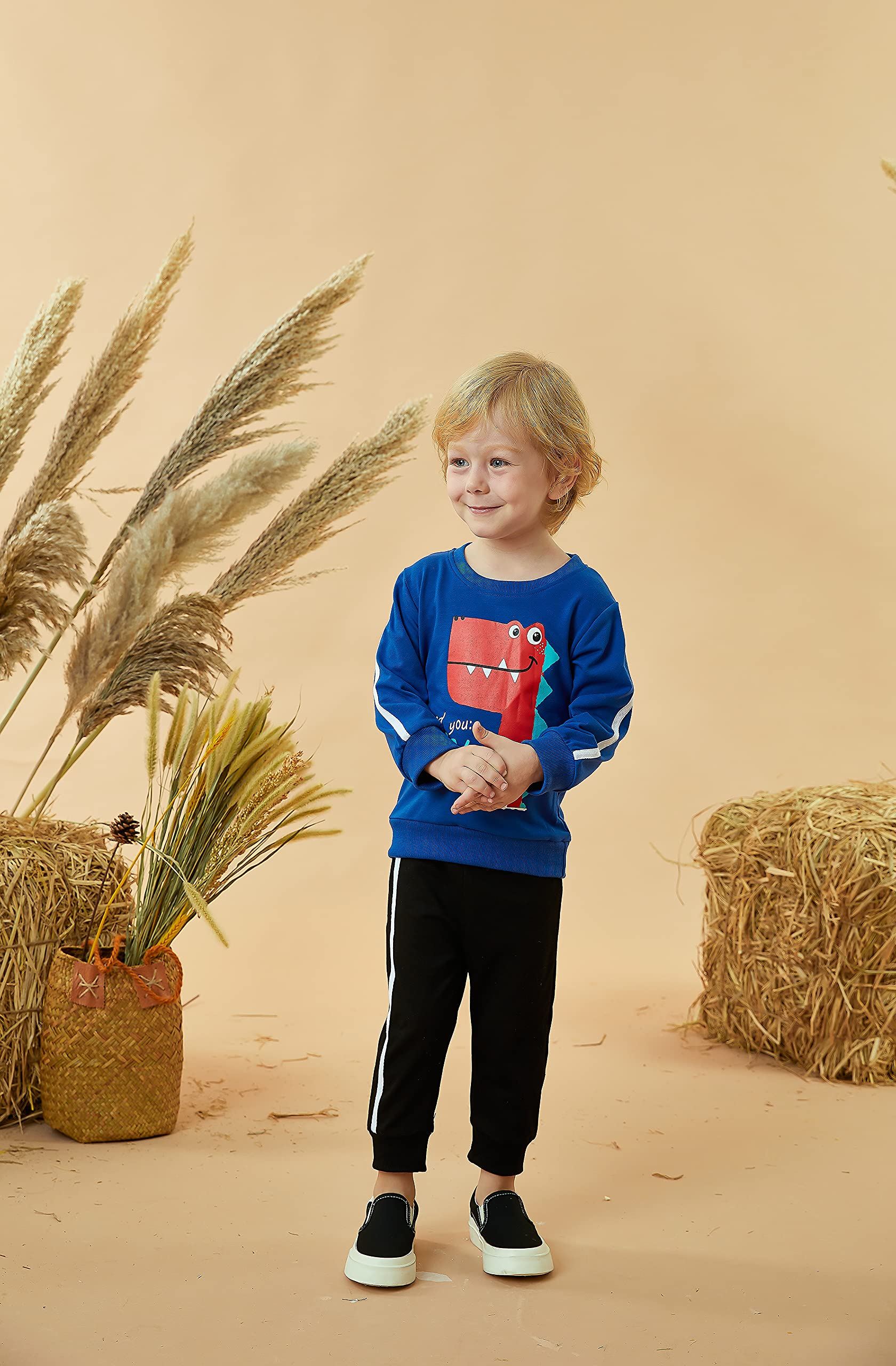 HIHA Infant Baby Boy Clothes Set Long Sleeve Roar Dinosaur Printed Sweatshirts Jogger Pants Set Little Boys Sweatsuit Fall Winter Outfits(Black, 12-18 Months)