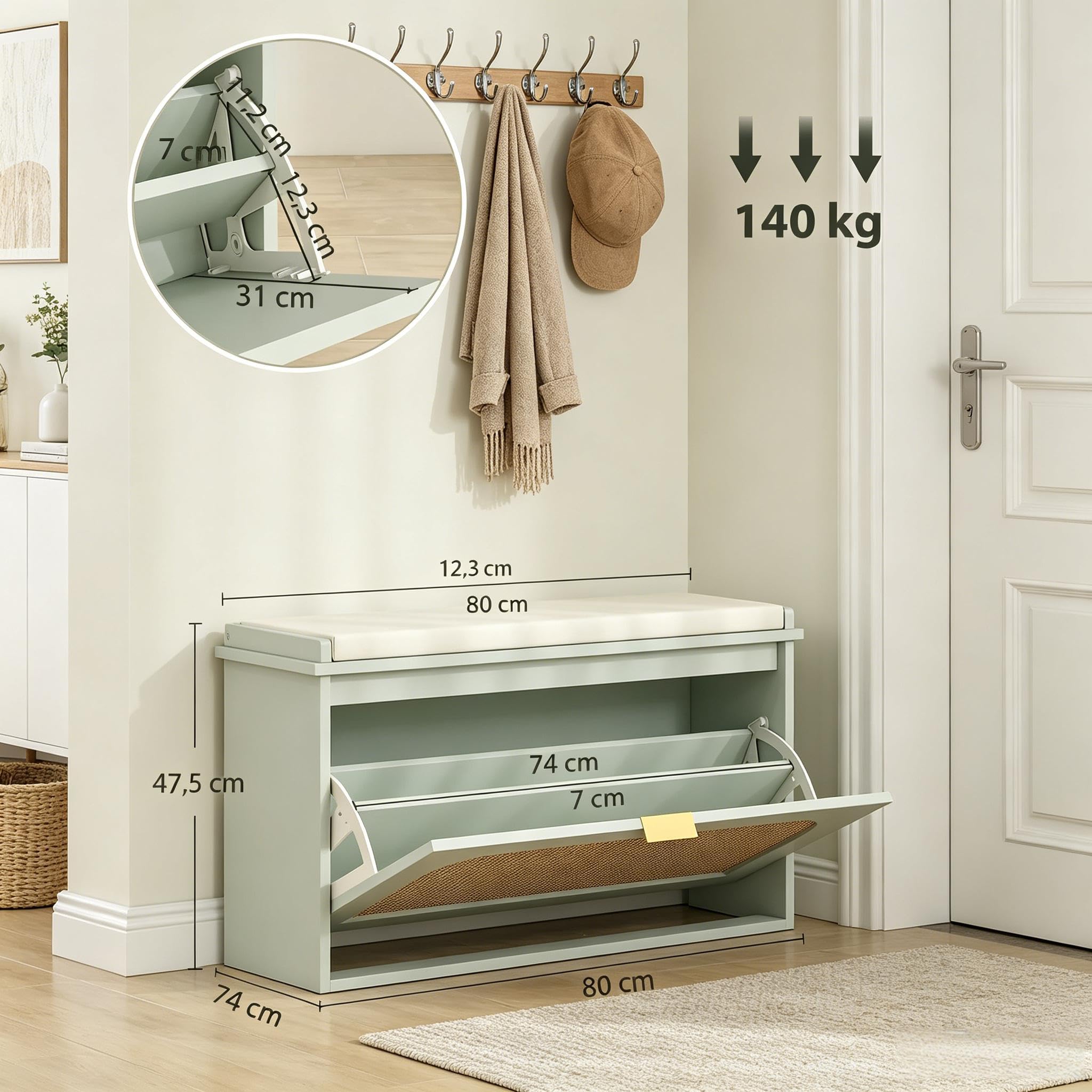 Zapatero de 80 cm, acolchado y compartimento plegable, verde, estrecho, estable, moderno