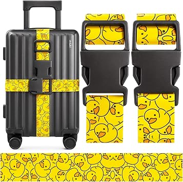 2 Pack Luggage Straps for Suitcases, Adjustable Travel Belt with Double Lock, Bright Colors Travel Packing Straps with Quick Release Buckle Unique Nylon for Sleeping Bag Car Seat Duck