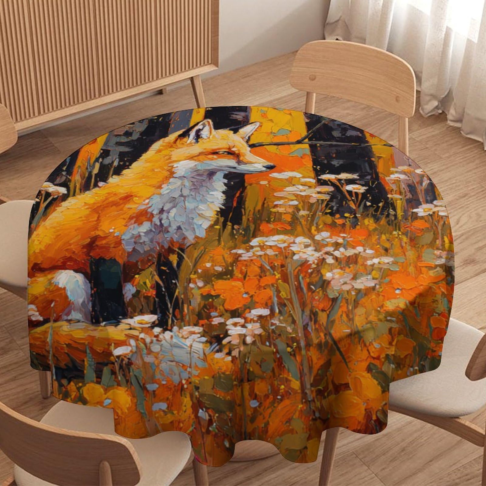 LUYYSKY Rustic Vintage Animals Fox Waterproof Round Tablecloth Classic Aesthetic Autumn Forest Plants Daisies Flowers Foxes Print Washable Table Cover for Kitchen-127 Wx127 L cm