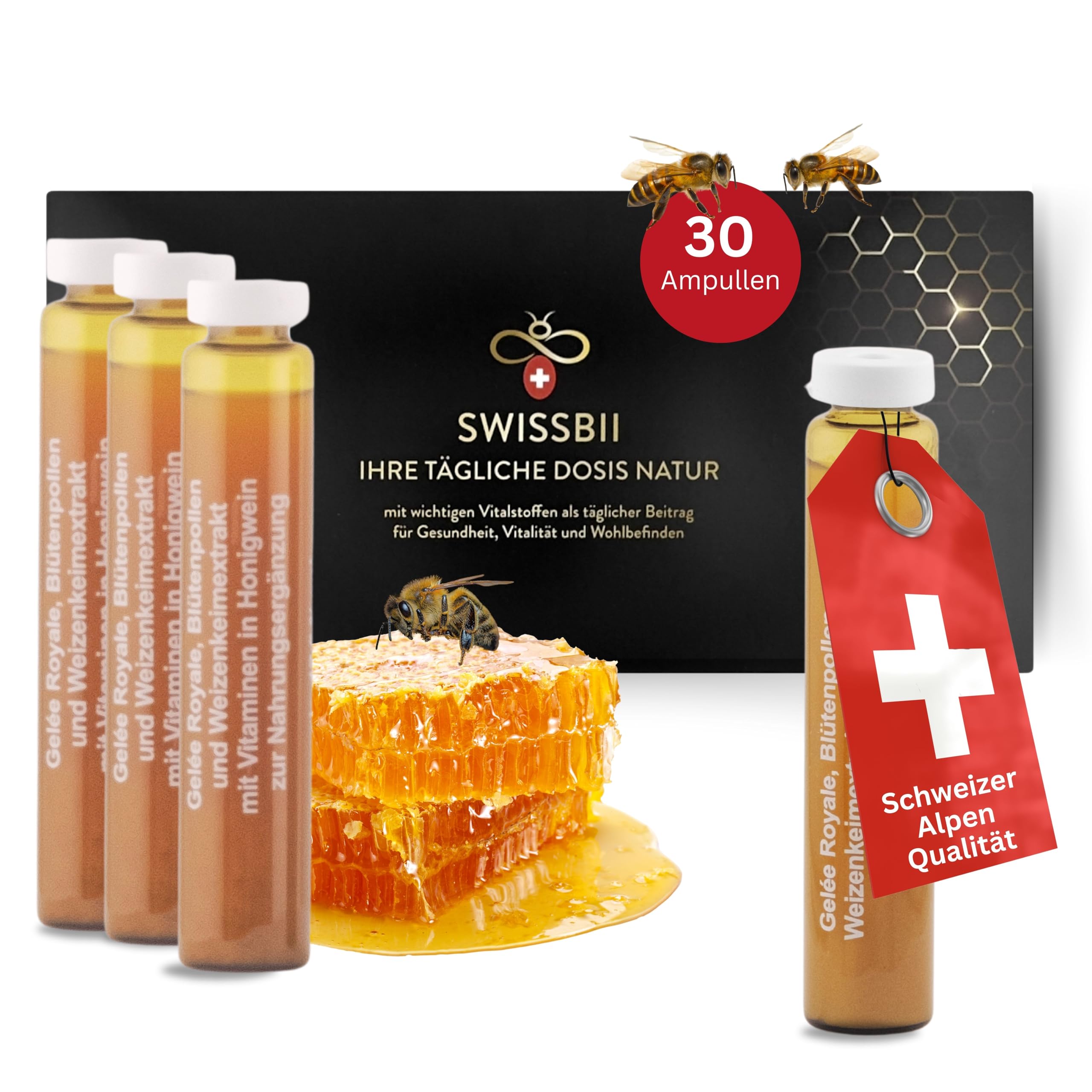 Gelee Royale Ampullen Monatspackung – 100% Rein, natürlich & hochwertige Vitamine. Zur Unterstützung von Energie, Immunität und Hautgesundheit - mit Honigwein