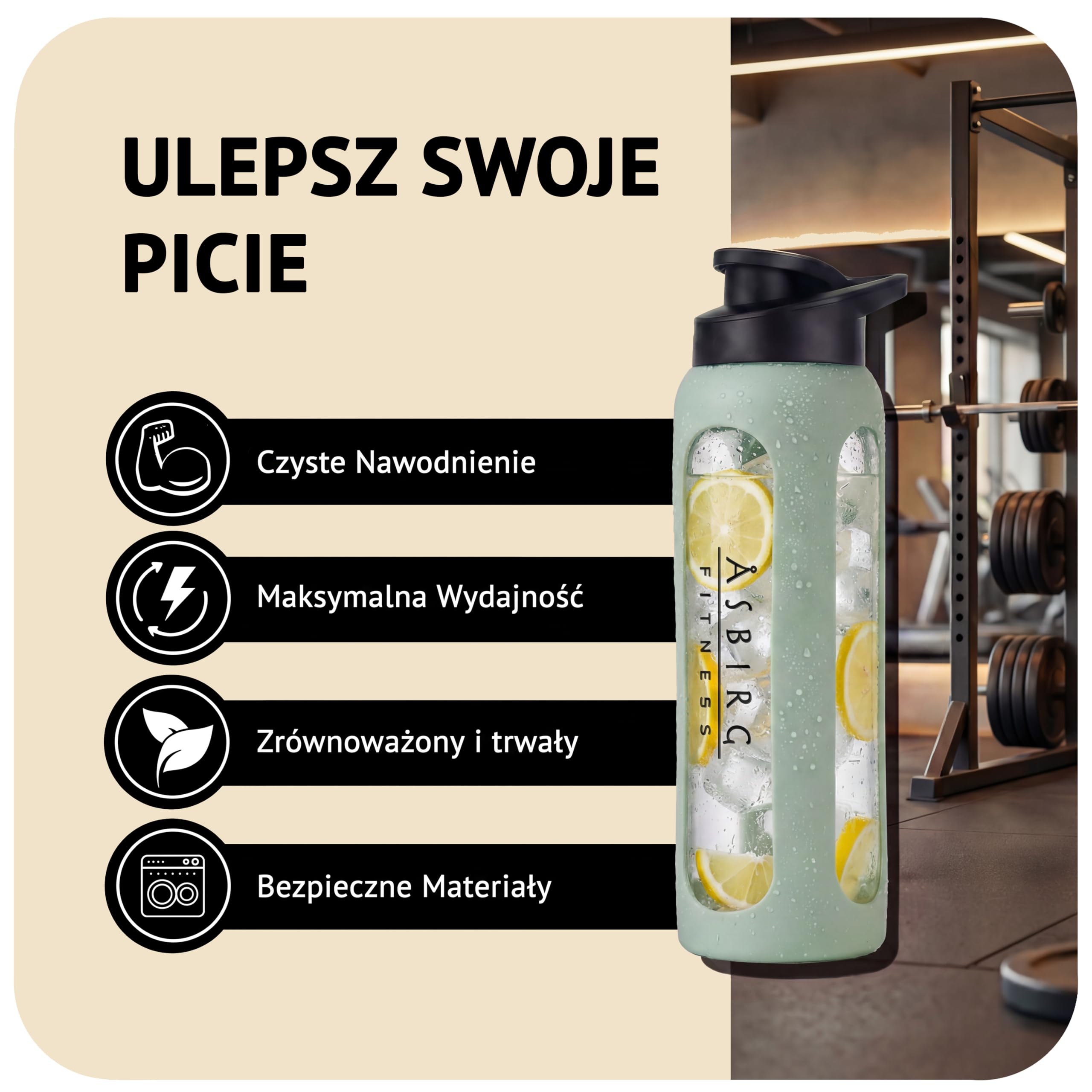 Fitness | Szklany shaker do białka 700 ml – butelka sportowa z silikonową osłonką, szczelna pokrywka i kulka miksująca ze stali nierdzewnej | Pastelowa Zieleń
