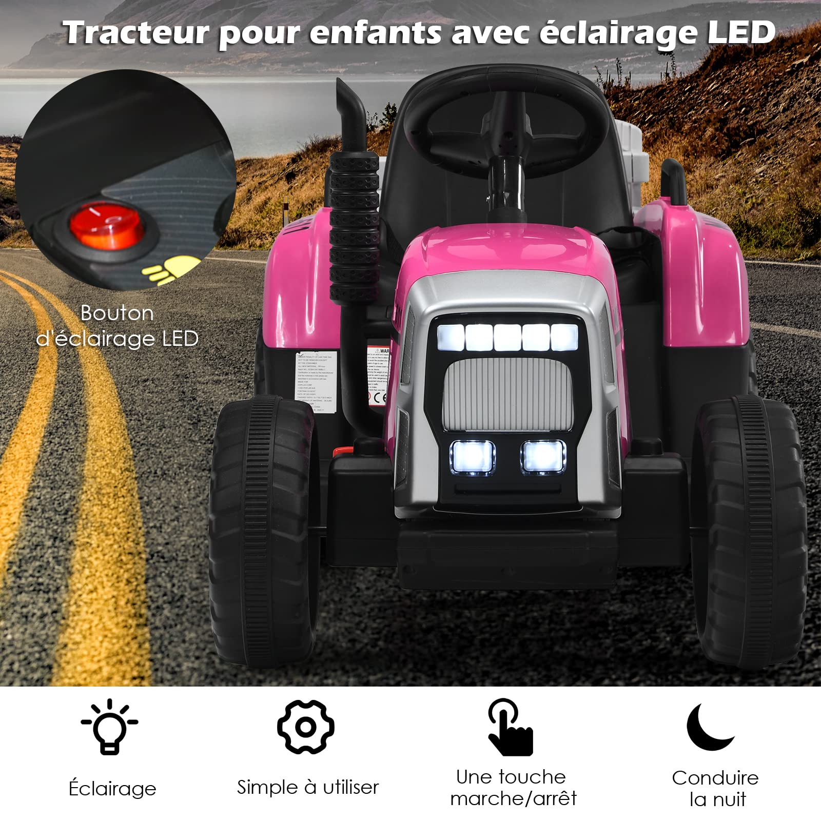 DREAMADE Tracteur Électrique Enfant 3+ Ans avec Remorque Tractopelle 12V Enfant Charge 30KG Tracteur à Pédales avec Télécommande&Musique&Lumières LED&Klaxon (Rose)
