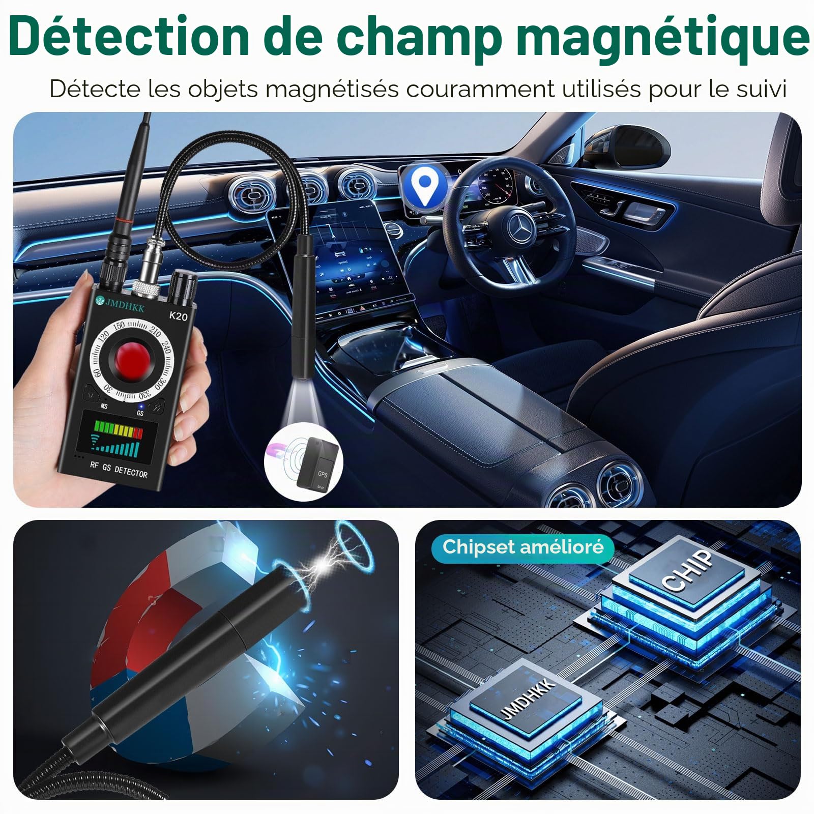 JMDHKK Détecteur de Caméras Espionnes, Détecteur de Micro Espion, GPS et Caméra pour Hôtels, Voyages, Voitures, Maison