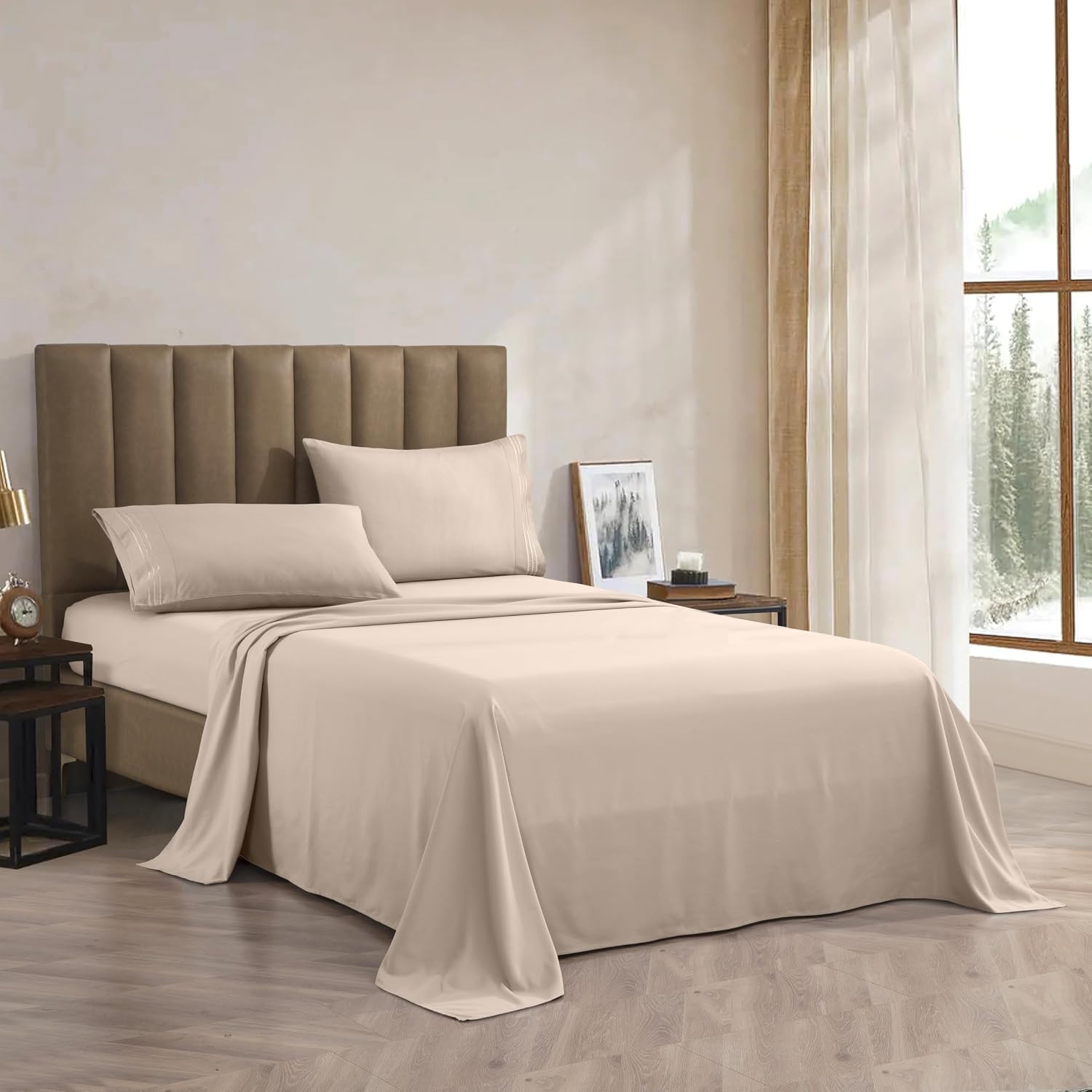 CELINE LINEN Premium 1800 Hotel Quality Wrinkle-Resistant 4-Piece Microfiber Sheet Set - Luxury Ultra Soft and Breathable Bedding 16 Inch Deep Pocket 4PC Sheet Set, King, Cream
