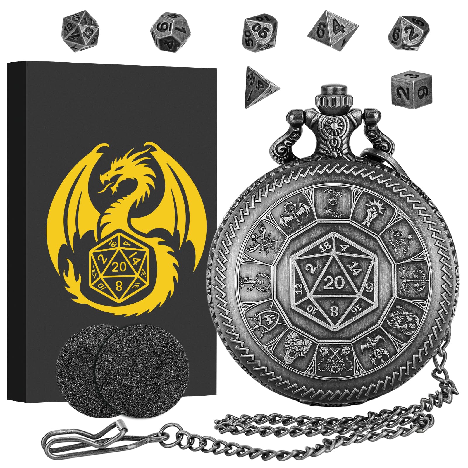 Keller & Weber Mini DND Dice Set, Center Number Dice Pocket Watch Case, 7 Pieces Polyhedral Metal D&D Dice, DND Gift with Gift Box, Role Playing Board