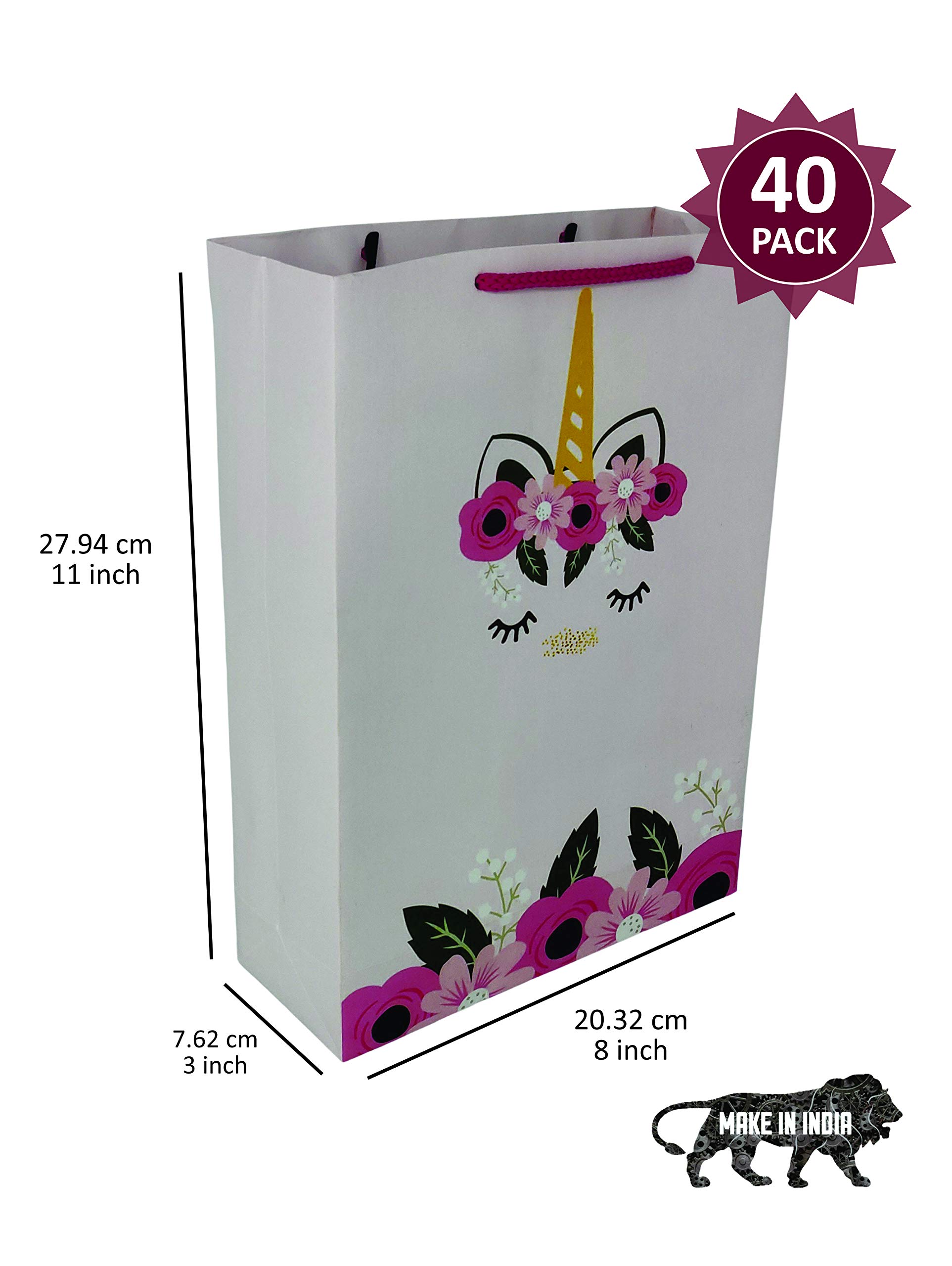 Arrow Paper Products Unicorn Design Gift Bags for Gifting, Weddings, Birthday, Holiday Presents (20.32 x 7.62 x 27.94 cm) Pack of 40 1