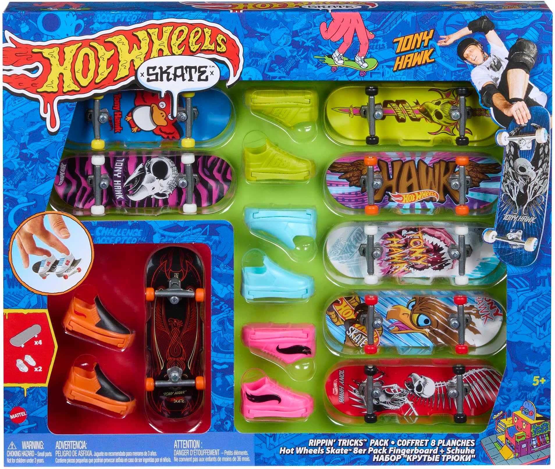 Hot Wheels Skate, 8 Fully Assembled Tony Hawk-Themed Finger Skateboards and 4 Pairs of Skate Shoes, 1 Exclusive Set, 8-Pack Bundle, HMY19