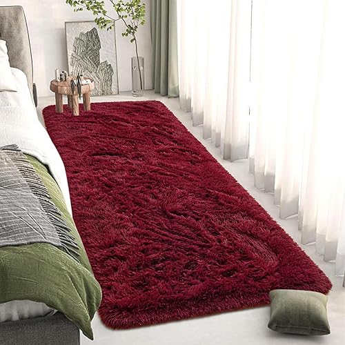 Miniatura 2 de DweIke - Alfombra de noche suave para dormitorio, alfombras peludas de felpa de 2 x 6 pies, alfombras de sala de estar rojo oscuro para sala de