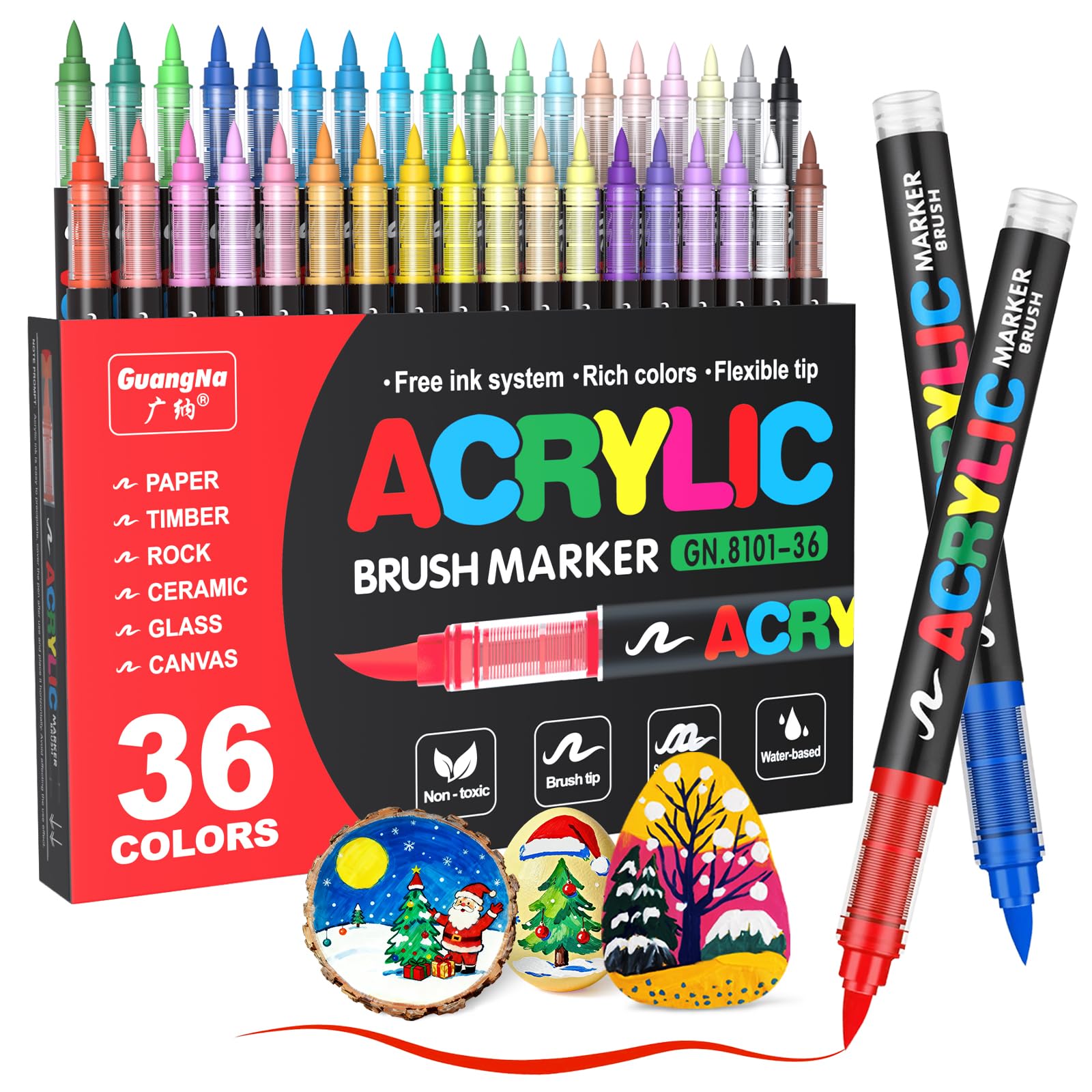 JRQ 36 Colors Acrylic Paint Markers, Brush Tip Paint Pens Acrylic Markers with Waterproof Long-Lasting Ink for Rock, Canvas, Fabric, Wood, Paper, Glass, Stone, Coloring Book DIY Crafts Art Supplies