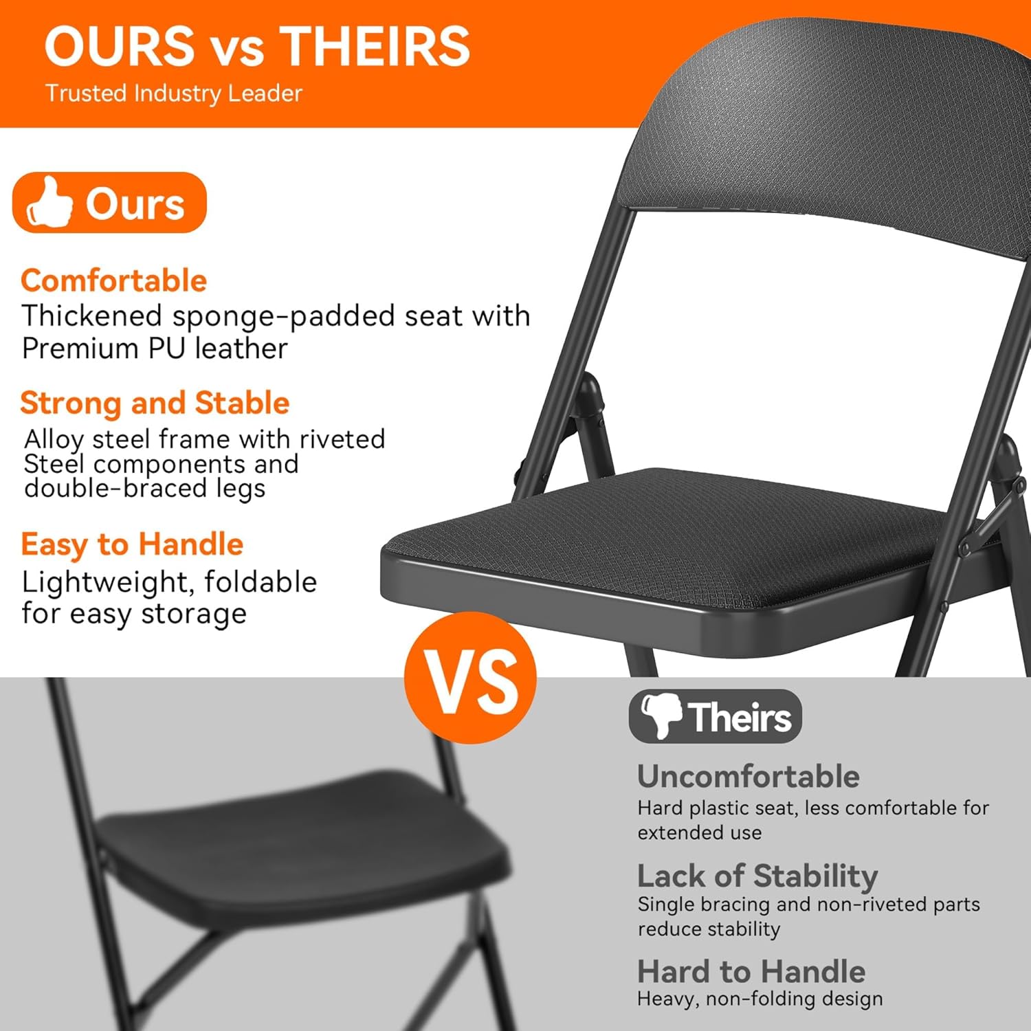 Folding Chairs with Cushion 2 Pack, Padded Fabric Seat, 330 LBS Heavy Duty Stainless Steel Frame, Ergonomic Foldable Chairs for Banquet Wedding Party Office Indoor Outdoor(Black&Fabric, Set of 2)