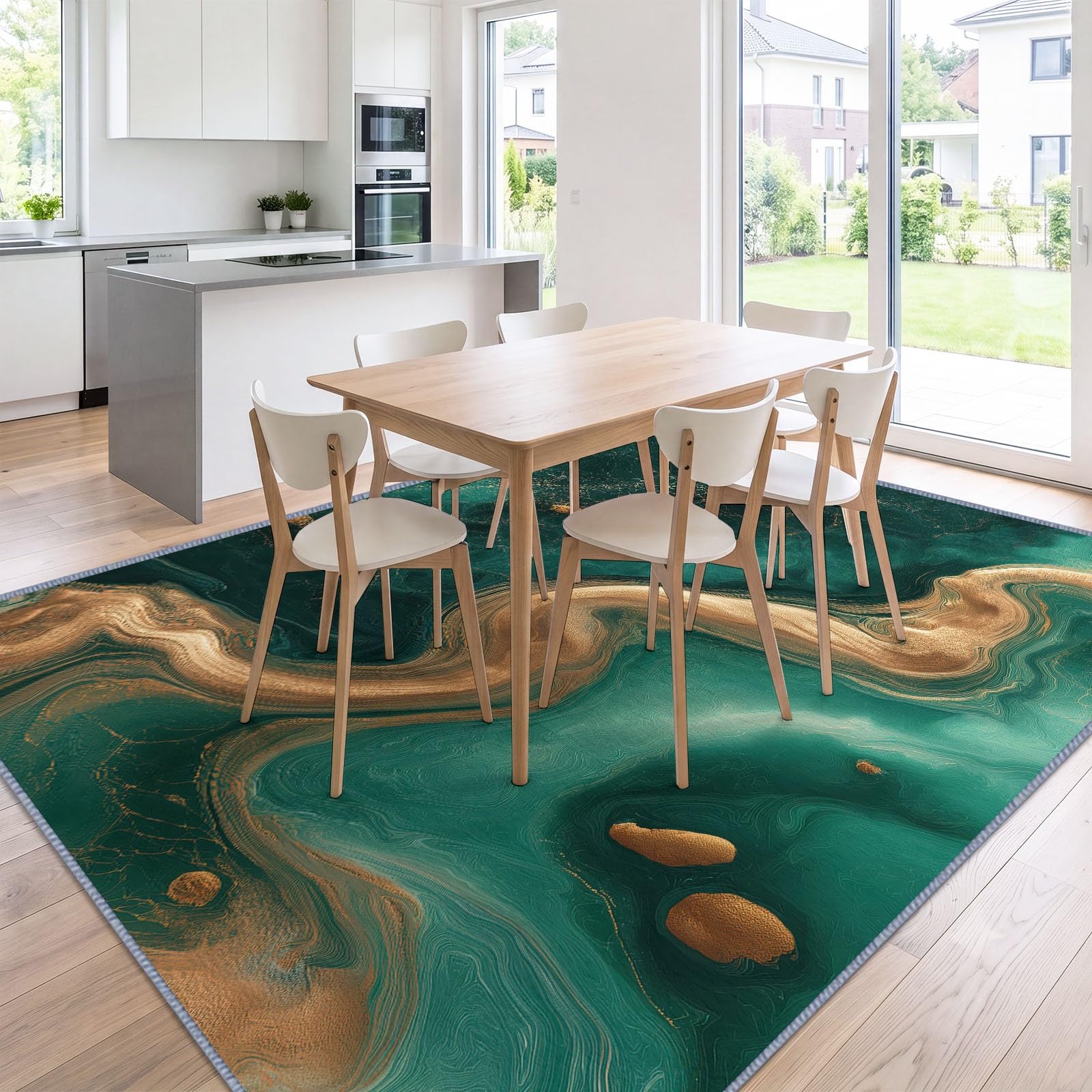 Générique Tapis Moderne Abstrait Fluide Doux Antidérapant 160 x 230 cm, Décoratif Poils Courts Vert et Or Marbre Vortex Élément Facile d'entretien pour Chambre Salon Salle à Manger
