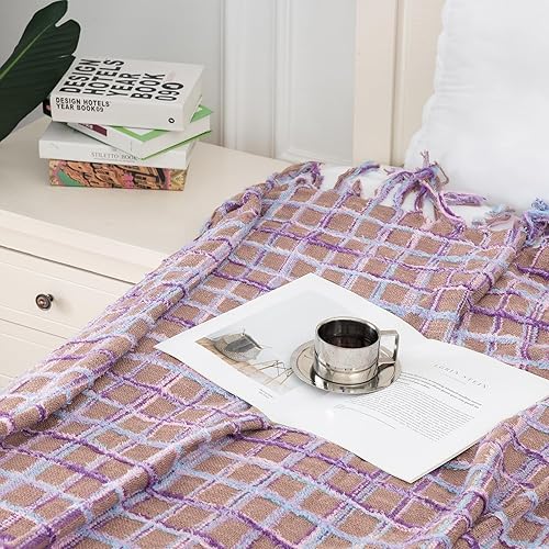 Miniatura 6 de Gealaek Manta bohemia ligera, mullida, suave y acogedora manta decorativa para sofá cama, manta mexicana con borlas, caqui, morado, rosa,