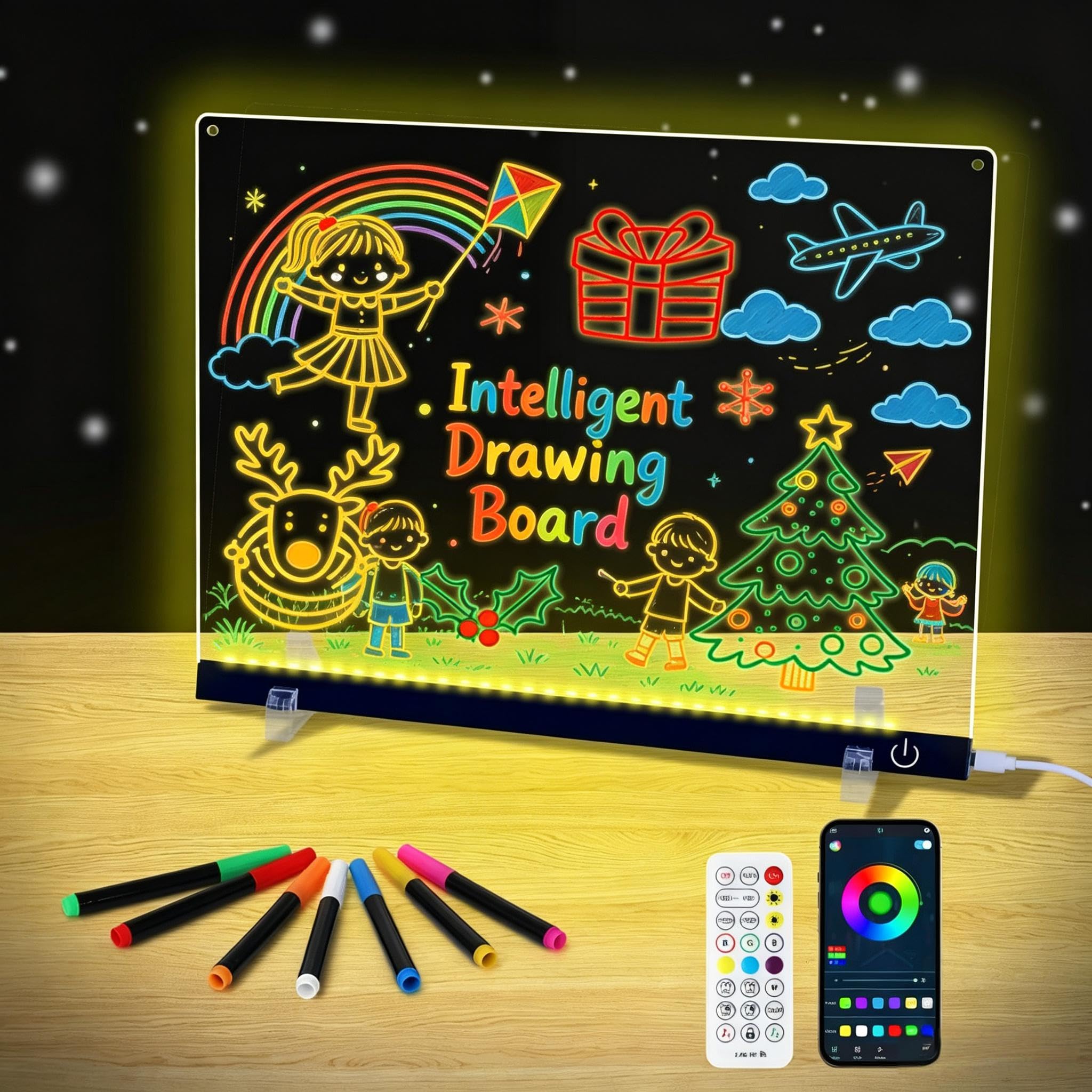 14.1"x11" Intelligent Drawing Board with Music Sync APP Remote Control, Glow Doodle LED Note Board with Colors, Neon Light Up Drawing Tablet, Parent-Child Interaction Gifts for Kids and Adult