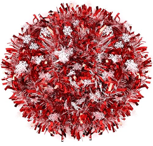 Miniatura 7 de CCINEE Guirnalda de oropel de Navidad de copo de nieve rojo de 32.8 pies, guirnalda metálica de oropel giratorio, decoración de árbol para fiesta,