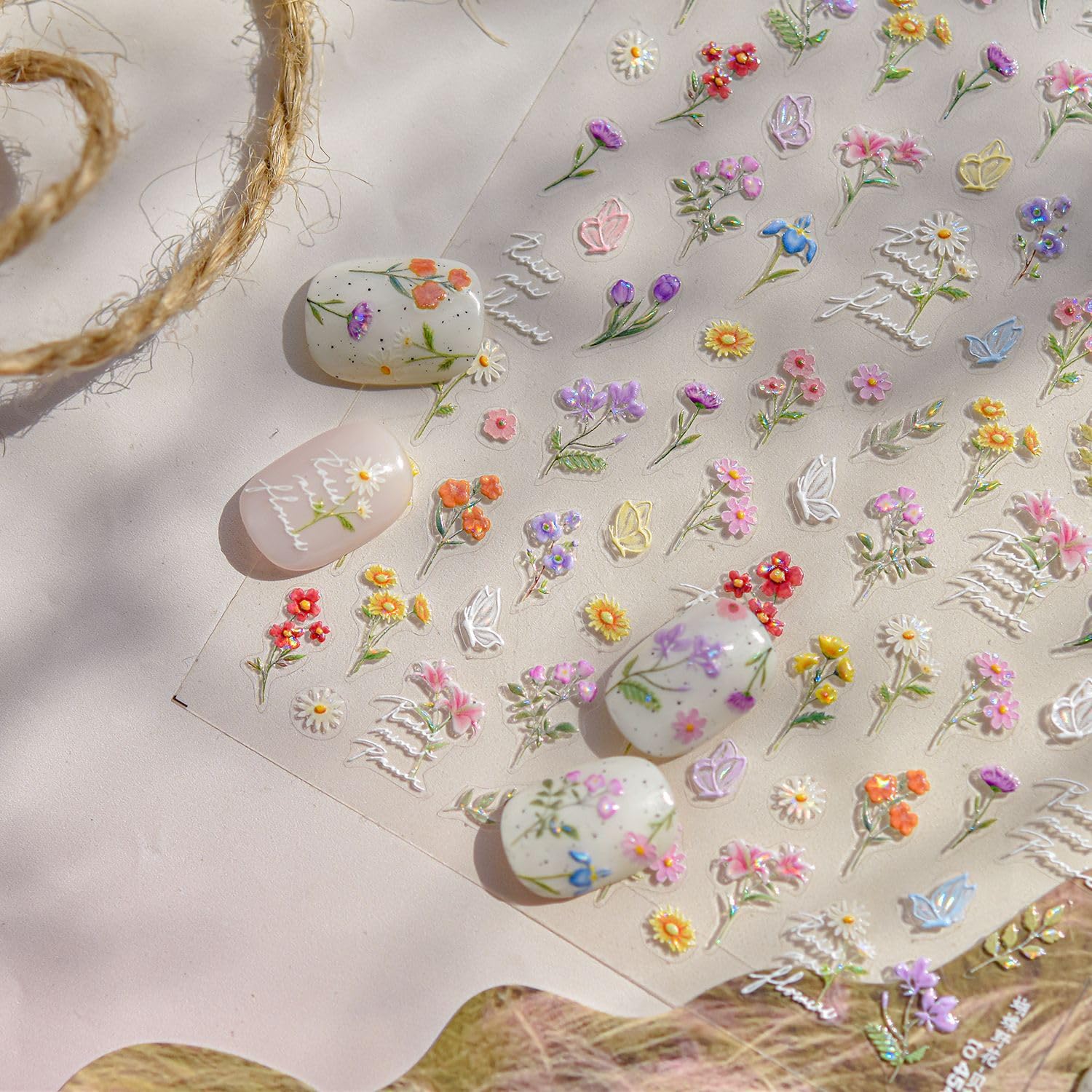 Flower Nail Stickers Floral Nail Decals for Nail Art Self-Adhesive Summer Nails Sticker Colorful Daisy Butterfly Leaf Plant Design DIY Supplies 5D