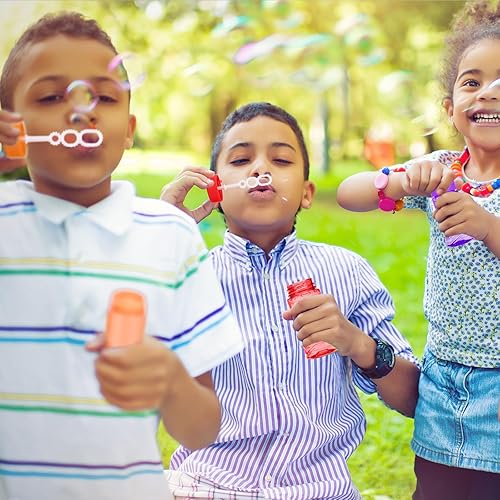 Miniatura 5 de Paquete de 48 botellas de burbujas con varita unida a la tapa (8 colores), juego de burbujas a granel para recuerdos de fiesta de niños, juguete de