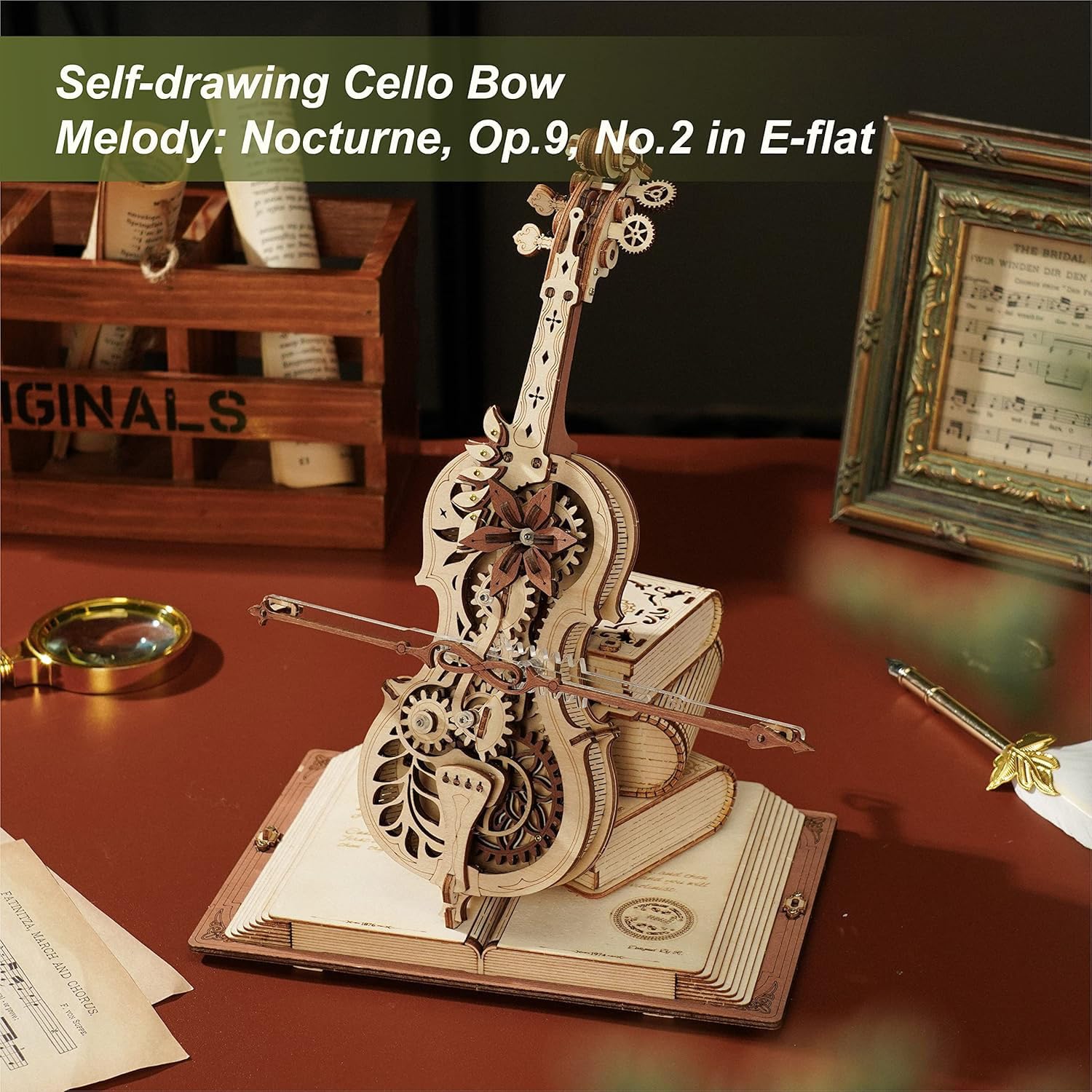 ROBOTIME Drewniane puzzle 3D dla dorosłych, zestaw modelarski do budowania, magiczna wiolonczela, pozytywka, model koła zębatego, zestaw do majsterkowania, prezent dla mężczyzn i kobiet