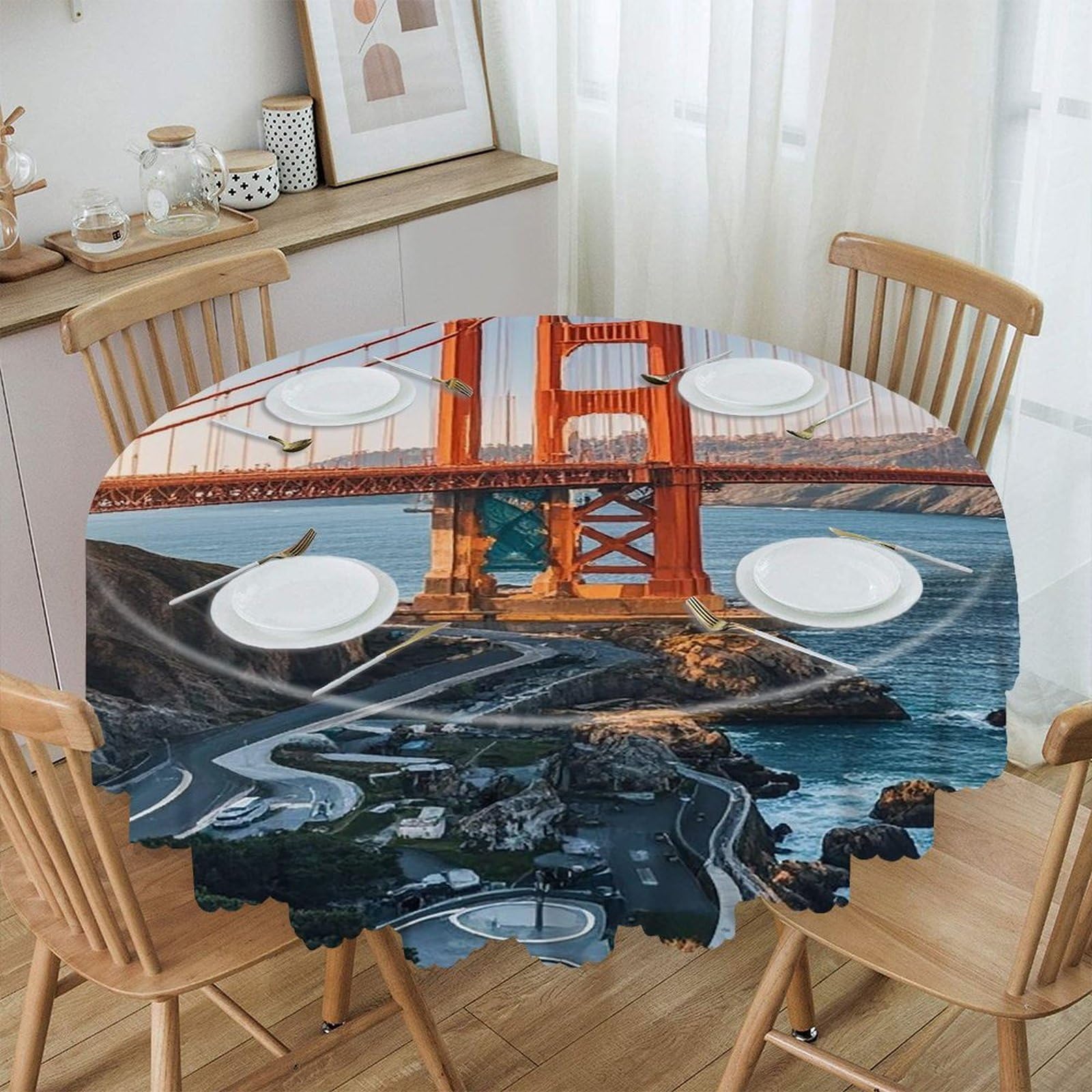 FekiLoot Golden Gate Bridge Round Tablecloth 60 Inch Waterproof Heavy Duty Table Cloth Spillproof Washable Table Cover Wrinkle Resistant Tablecloths Decorative Table Cloths